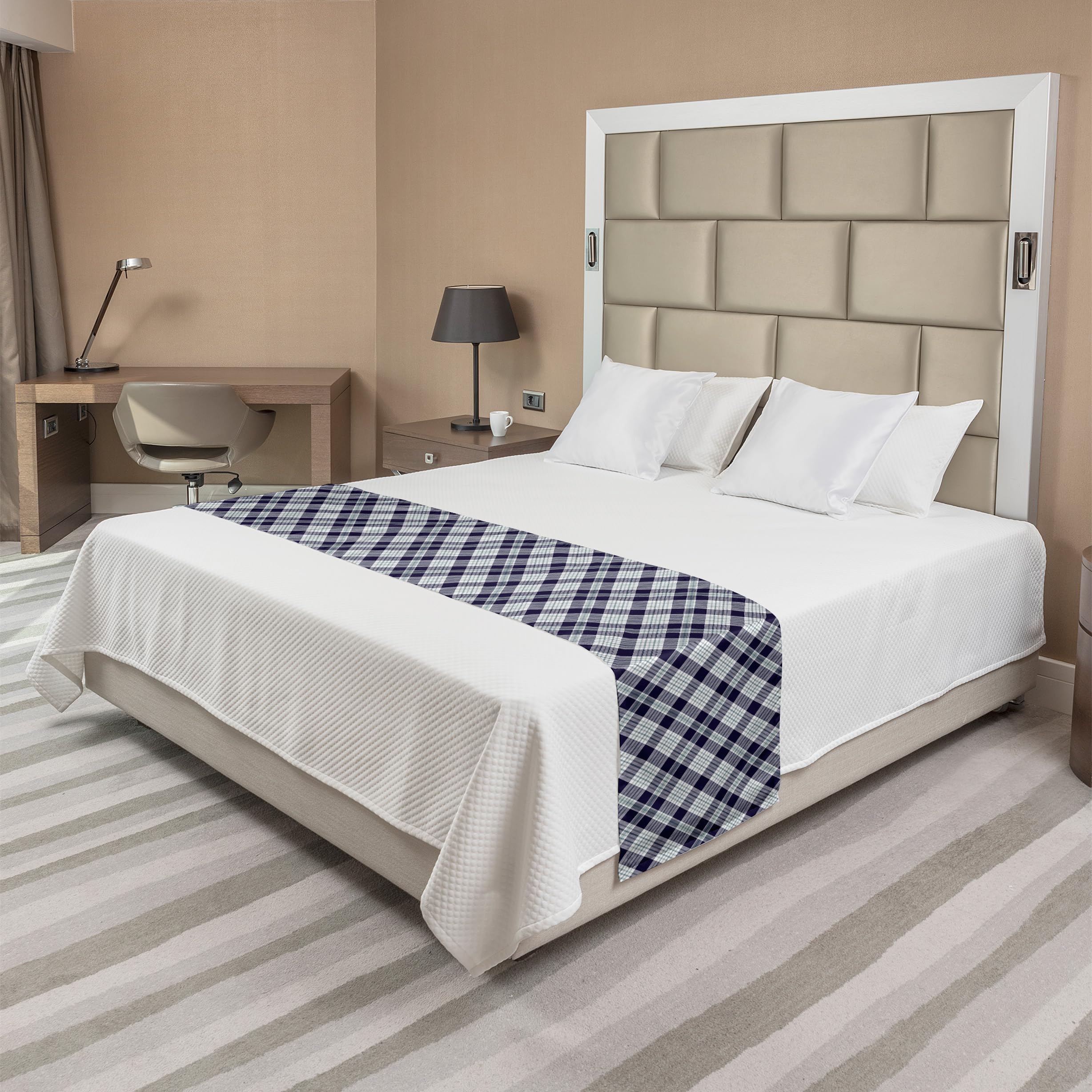 Ambesonne Navy Plaid Bed Runner - Traditional Fashion Print with Blue Grey Sea Green Lines - Decorative Accent Bedding Scarf for Hotels, Homes & Guestrooms - Perfect for Bedroom Decor, Sofa Cover or Table Runner