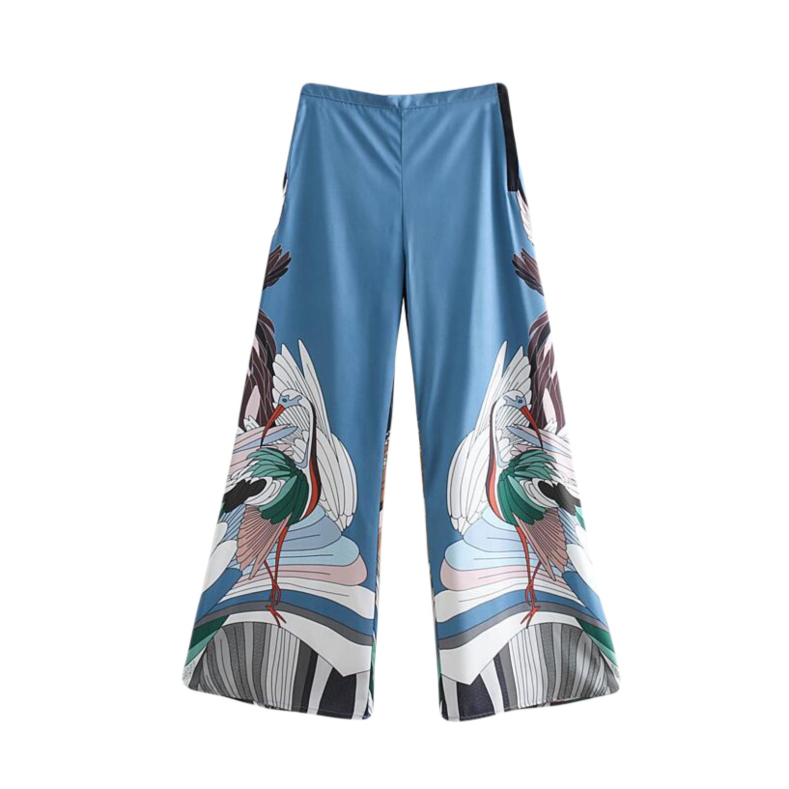 Vintage Wide Leg Palazzo Pants for Women - Crane Print Patchwork Design with Side Zipper | Loose Comfortable Trousers for Casual Wear, Boho Style Outfits & Summer Fashion