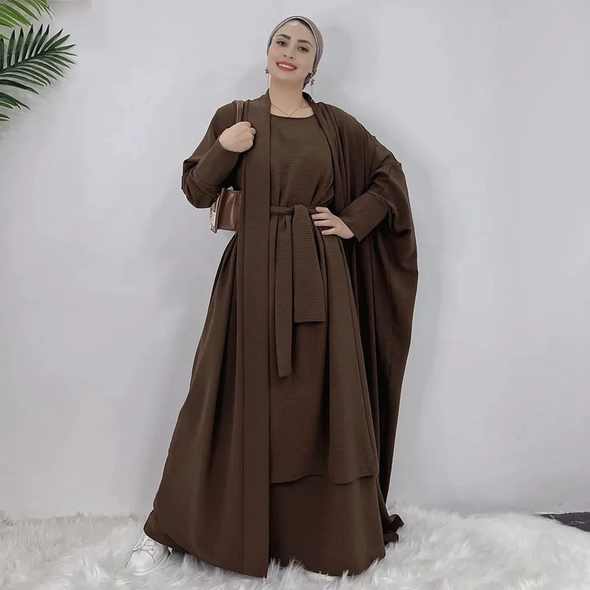 2-Piece Muslim Women's Open Abaya Dress Set - Heavy Wrinkle Outer Abaya with Sleeveless Inner Dress | Modest Islamic Fashion for Prayer, Eid & Special Occasions