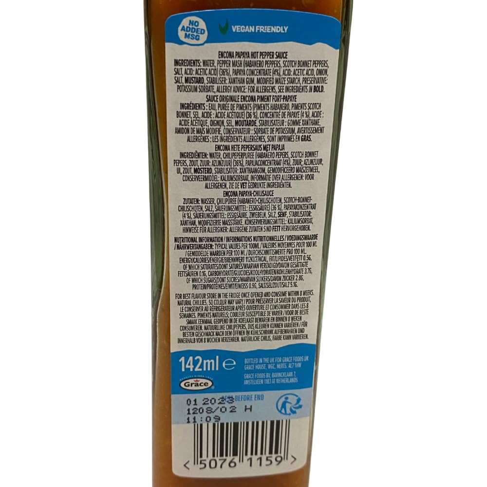 Encona West Indian Smooth Papaya Hot Pepper Sauce 142ml - Spicy Caribbean Flavor for Grilling, BBQ & Seafood Dishes