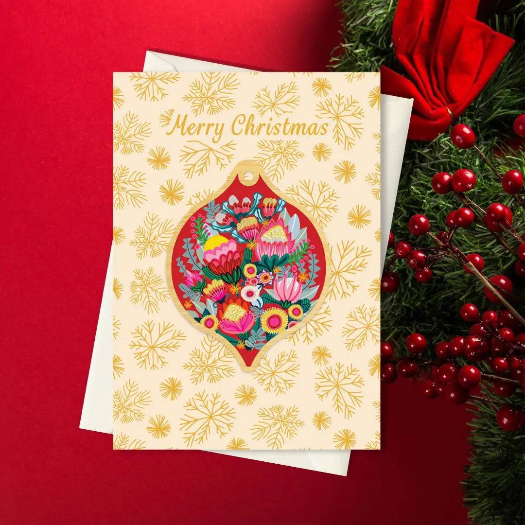 Flowers of Oz Australian Christmas Card & Bauble - Festive Holiday Greeting Card with Ornament for Xmas Tree Decorations & Gift Giving