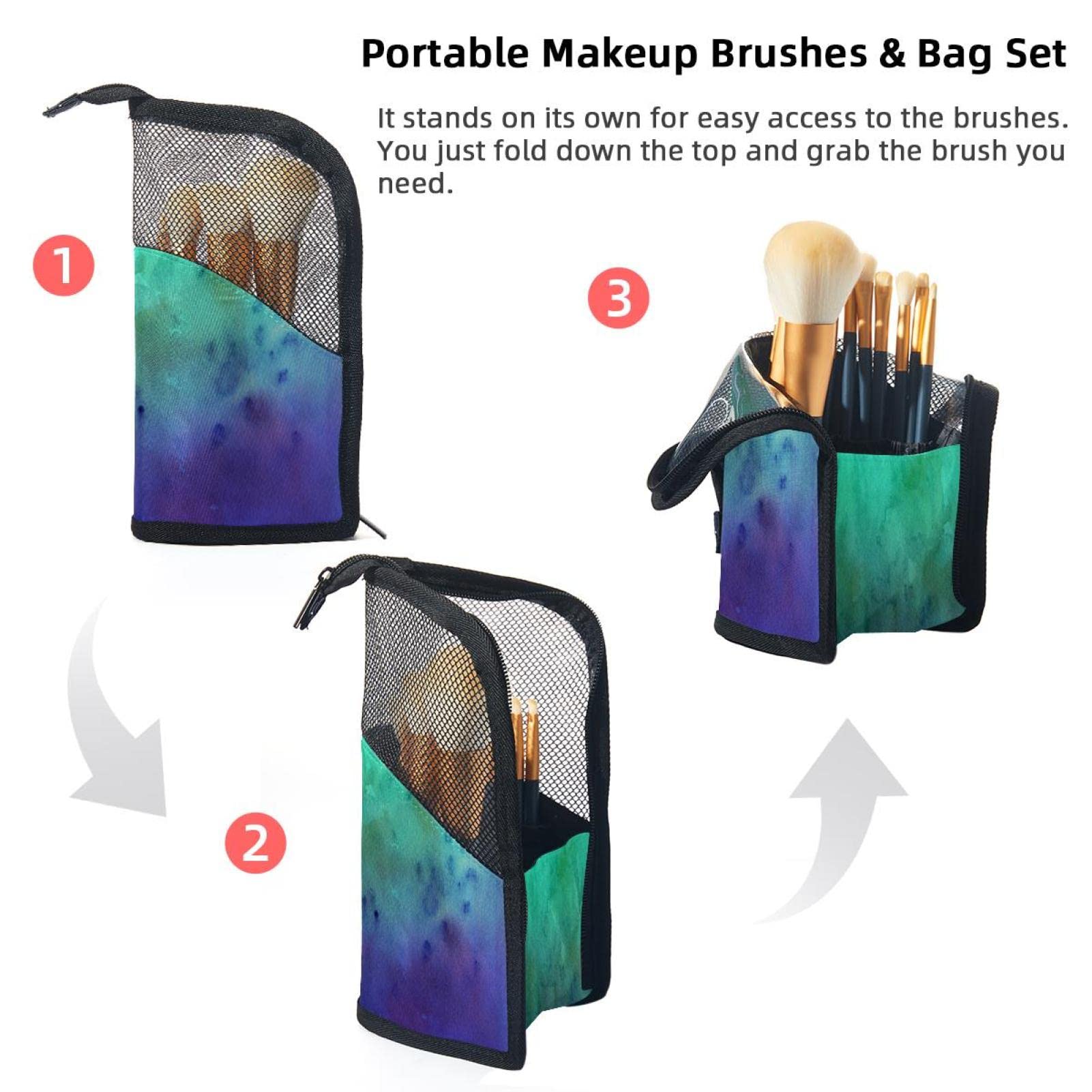 Premium 12-Piece Makeup Brush Organizer Bag Set - Green Purple Gradient Cosmetic Brush Holder Case for Travel & Home Storage | Portable Makeup Brush Storage Solution for Artists & Professionals