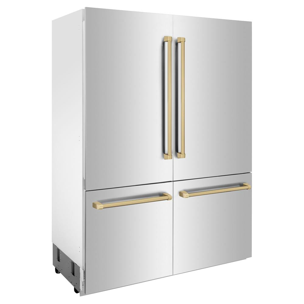 ZLINE Autograph Edition 60-Inch French Door Built-In Refrigerator with Bottom Freezer - 32.2 cu.ft Capacity, Stainless Steel with Champagne Bronze Accents, Water Dispenser & Ice Maker (RBIVZ 304 60 CB) - Perfect for Modern Kitchens, Open-Concept Homes & Luxury Appliances Collection