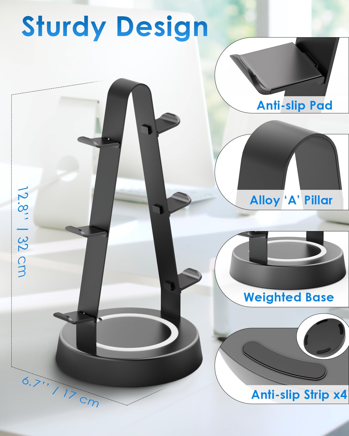 3-Tier Universal Aluminum Game Controller & Headphone Stand - Compatible with Xbox, PS4, PS5, Switch & PC Gaming Accessories - Desk Storage Organizer for Gaming Setup & Office Organization (Black)