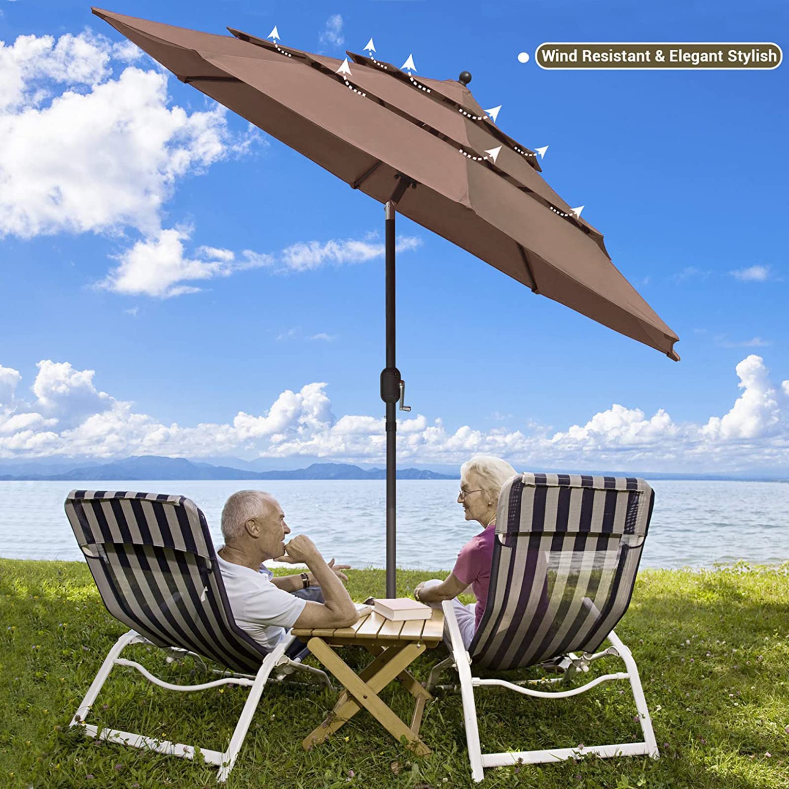 9Ft 3-Tier Outdoor Patio Umbrella with Crank & Tilt - Heavy Duty Market Table Sunshade with Wind Vents for Garden, Deck, Backyard, Pool - Perfect for Outdoor Dining, Lounging & Swimming Pool Shade