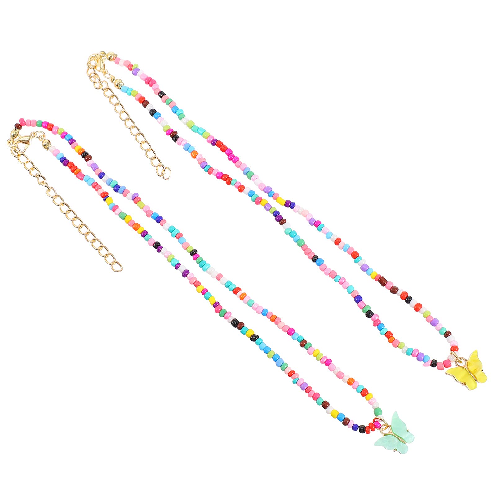 Bohemian Choker Necklace Set - 2PCS Colorful Rice Bead & Butterfly Charm Necklaces for Women | Handmade Exquisite Jewelry for Festivals, Parties & Boho Style Outfits
