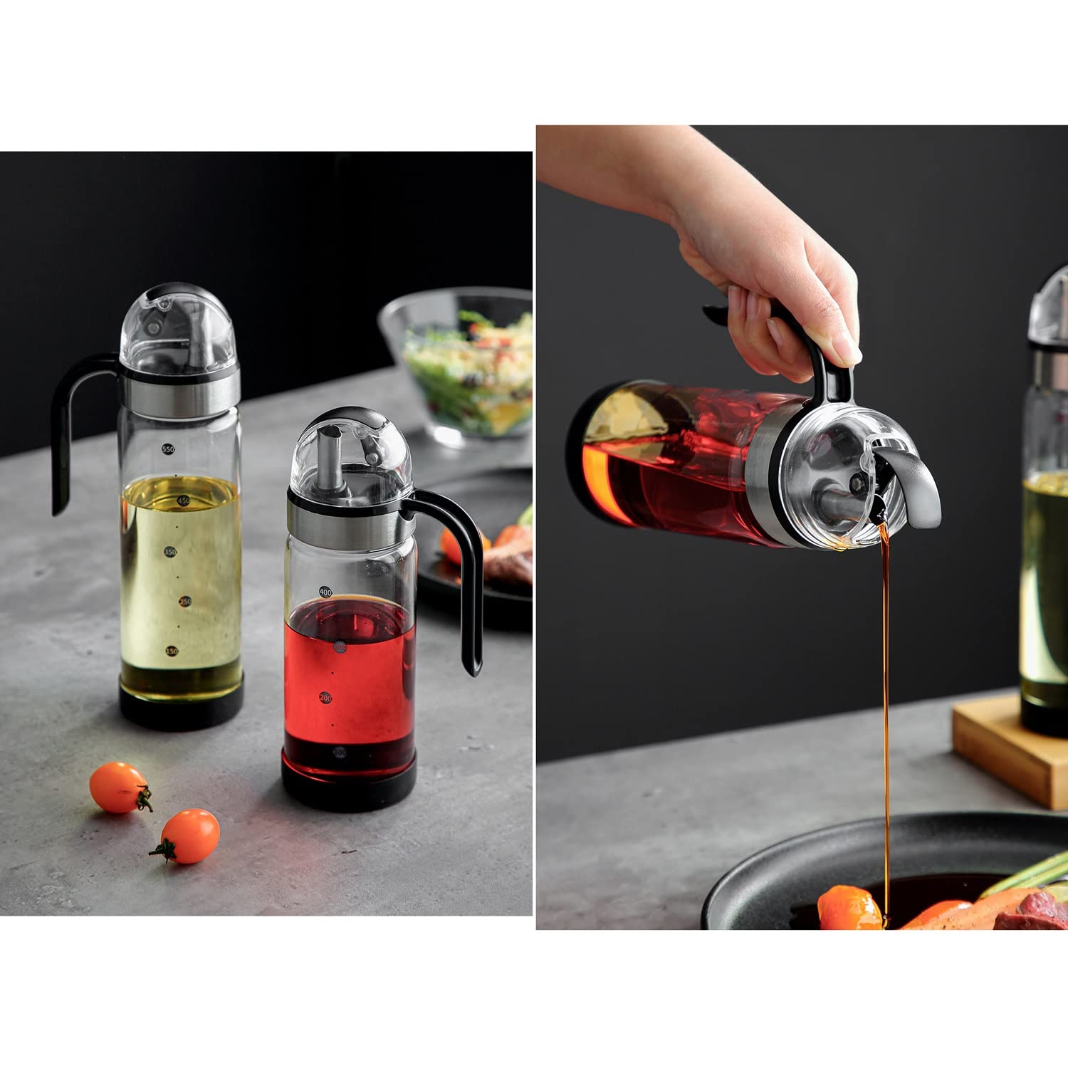 AVLUZ Premium Glass Olive Oil Bottle with Non-Drip Spout - 550ml Condiment Dispenser Cruet with Automatic Cap - Perfect for BBQ, Cooking, Baking & Salad Dressing