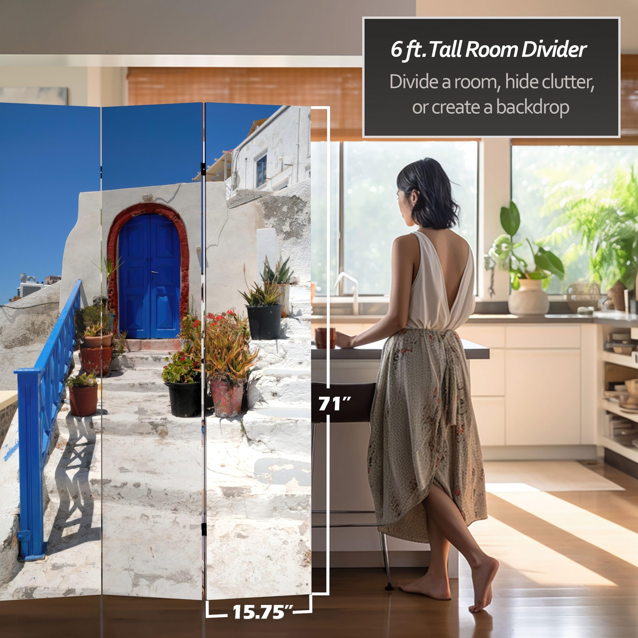 6 ft. Tall Double Sided Santorini Greece Red Lantern Room Divider - 71 Inch Height, 3 Panel Wide for Home Decor, Office Partition & Wedding Backdrop