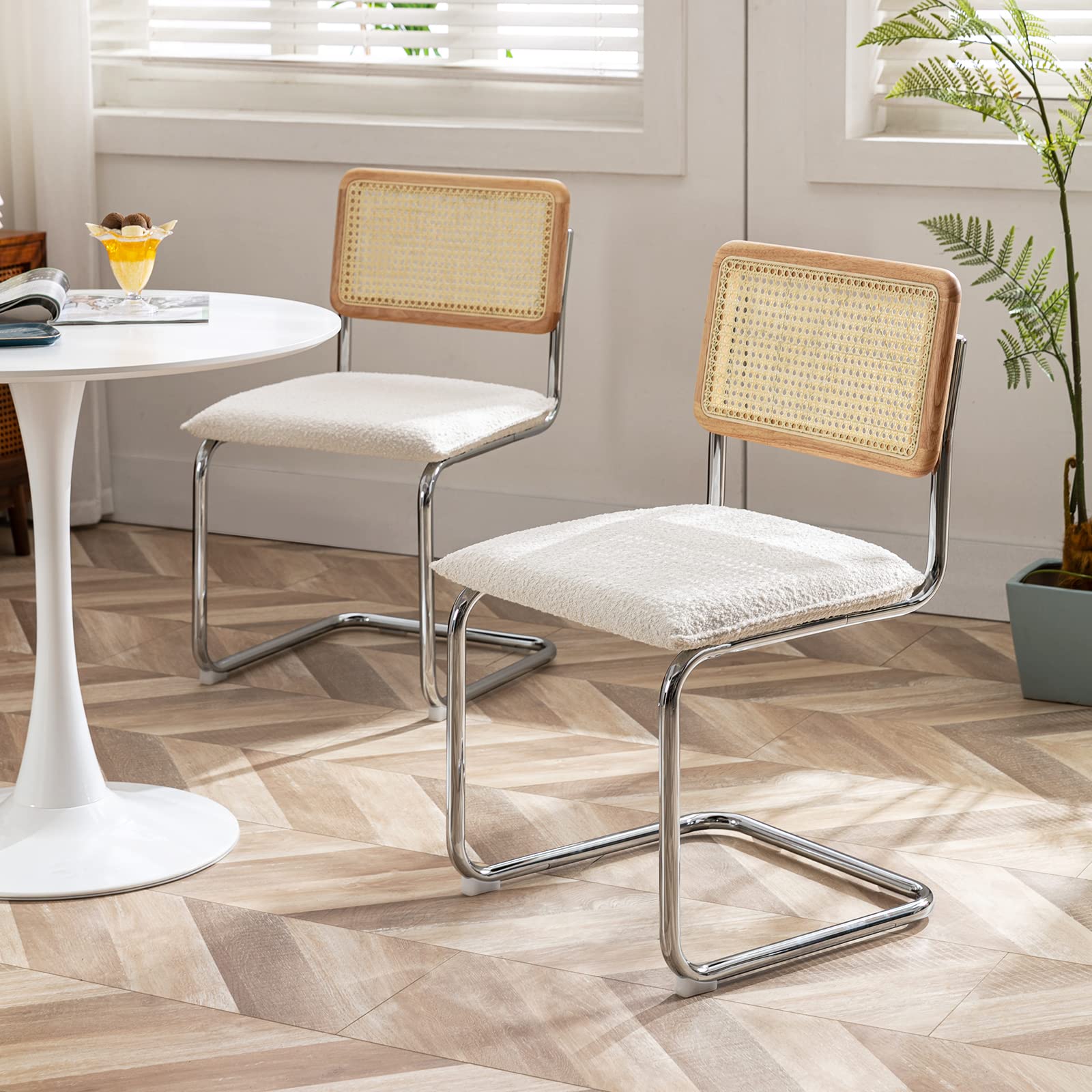 Zesthouse Natural Rattan Dining Chairs Set of 2 - Modern Kitchen Chairs with Solid Wood Back - Mid Century Breuer Design - Upholstered Boule Fabric in White - Perfect for Dining Room, Living Room, Kitchen, and Outdoor Patio