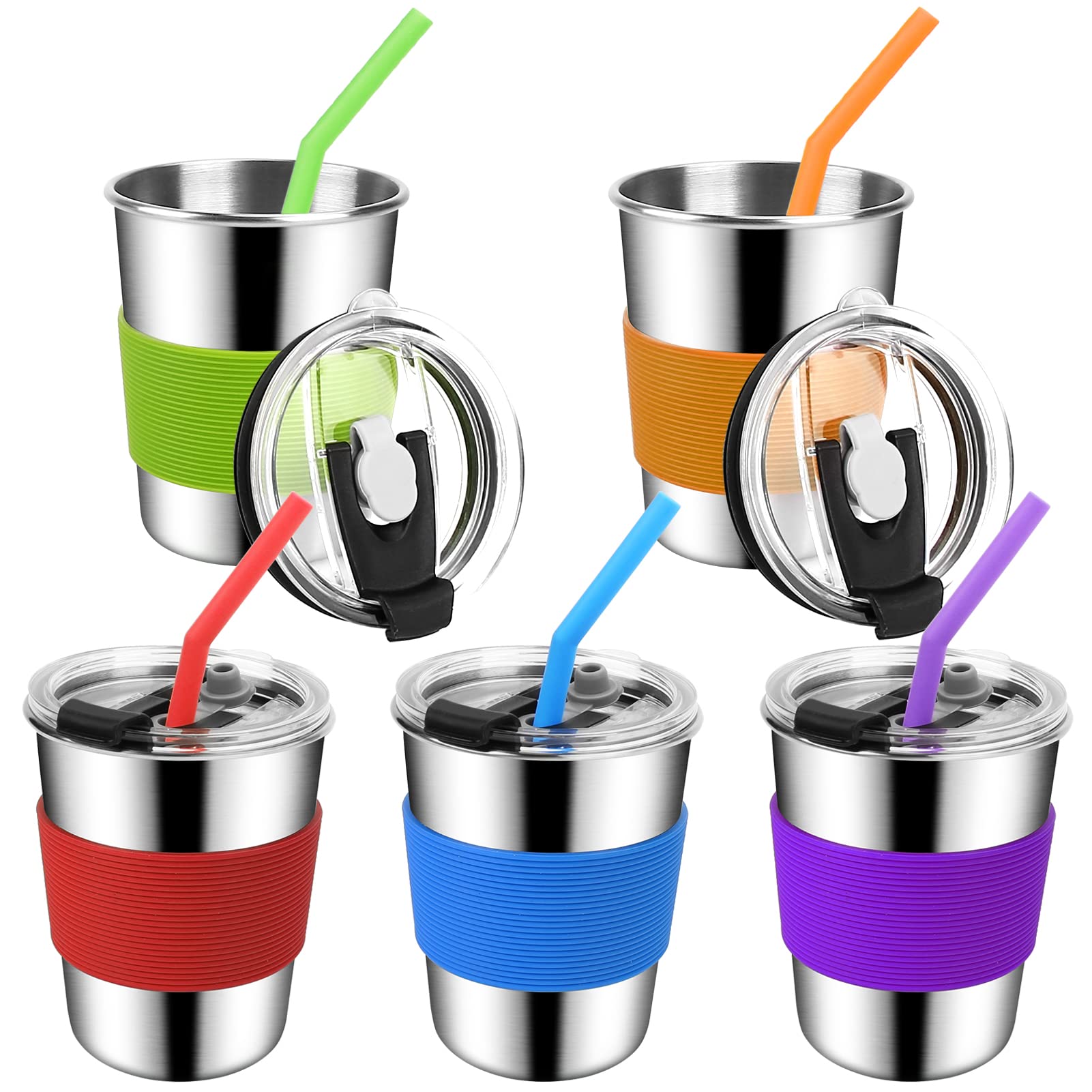 ShineMe 8oz Stainless Steel Toddler Cups with Straws - 5 Pack Leak Proof, Unbreakable Kids Drinking Cups with Silicone Straws & Sleeves - Perfect for Daycare, Travel, and Outdoor Activities