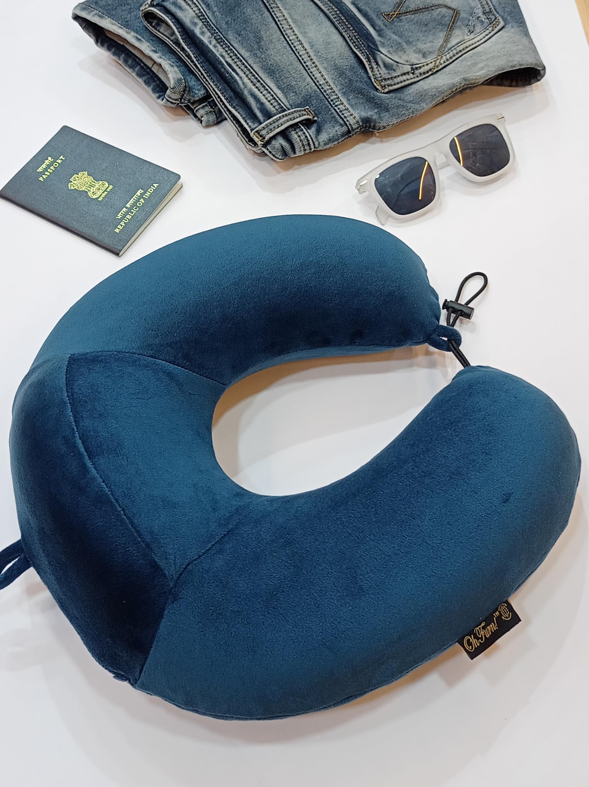 Oh Furn! Memory Foam Travel Neck Pillow - U-Shaped Ergonomic Neck Support for Airplane, Car, Train & Bus - Soft Headrest Cushion for Comfortable Travel - Perfect for Long Flights & Road Trips (Blue)