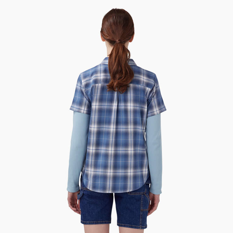 Women's Blue Herringbone Plaid Woven Shirt - Casual Button Down Top for Office, Date Night & Fall Layering