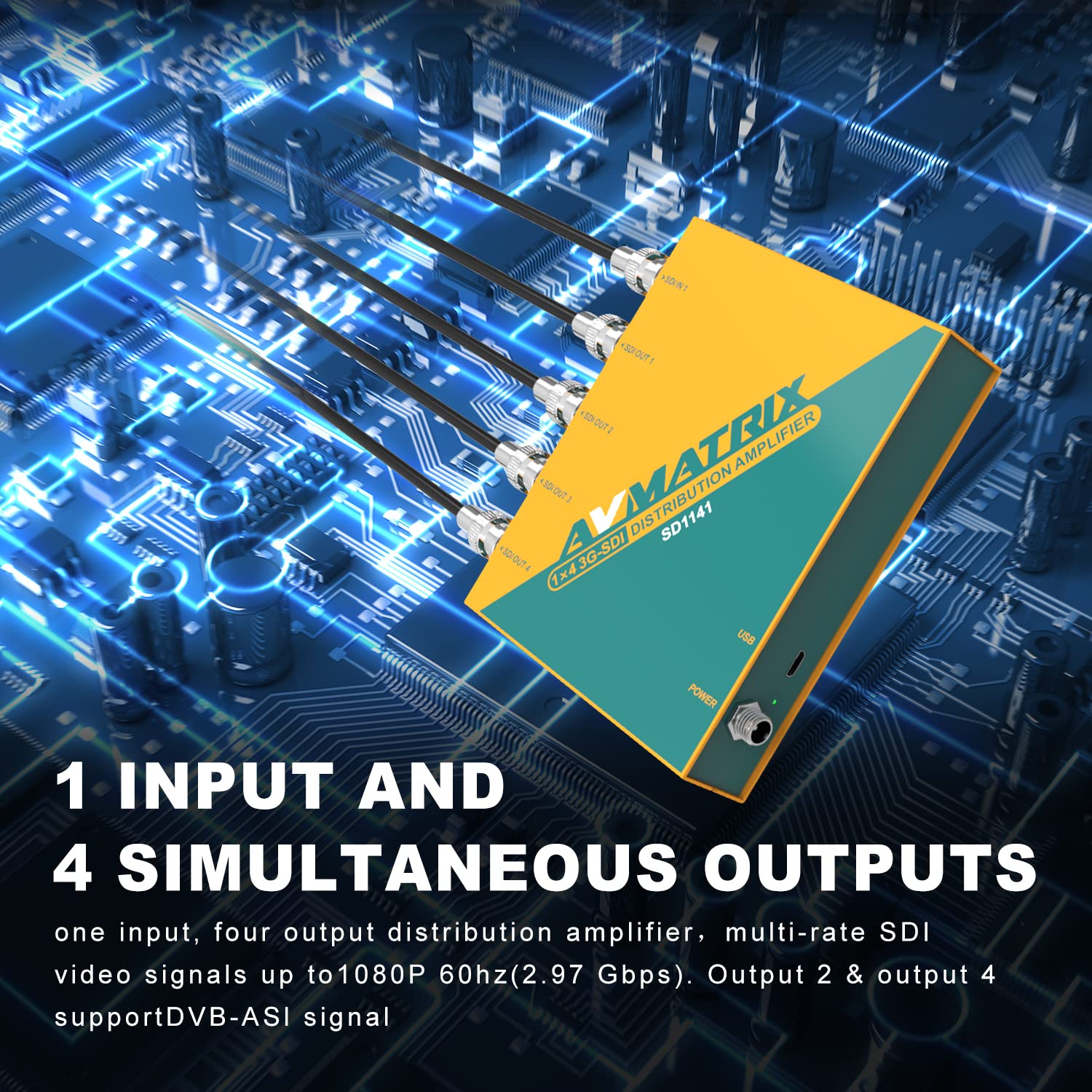 AVMATRIX SDI Splitter 1×4 Distribution Amplifier - 3G/HD/SD Supported, Re-clocking & Signal Equalization for 1080p@60Hz (Model SD1141) | Perfect for Live Broadcasting, Video Production & Professional AV Setups