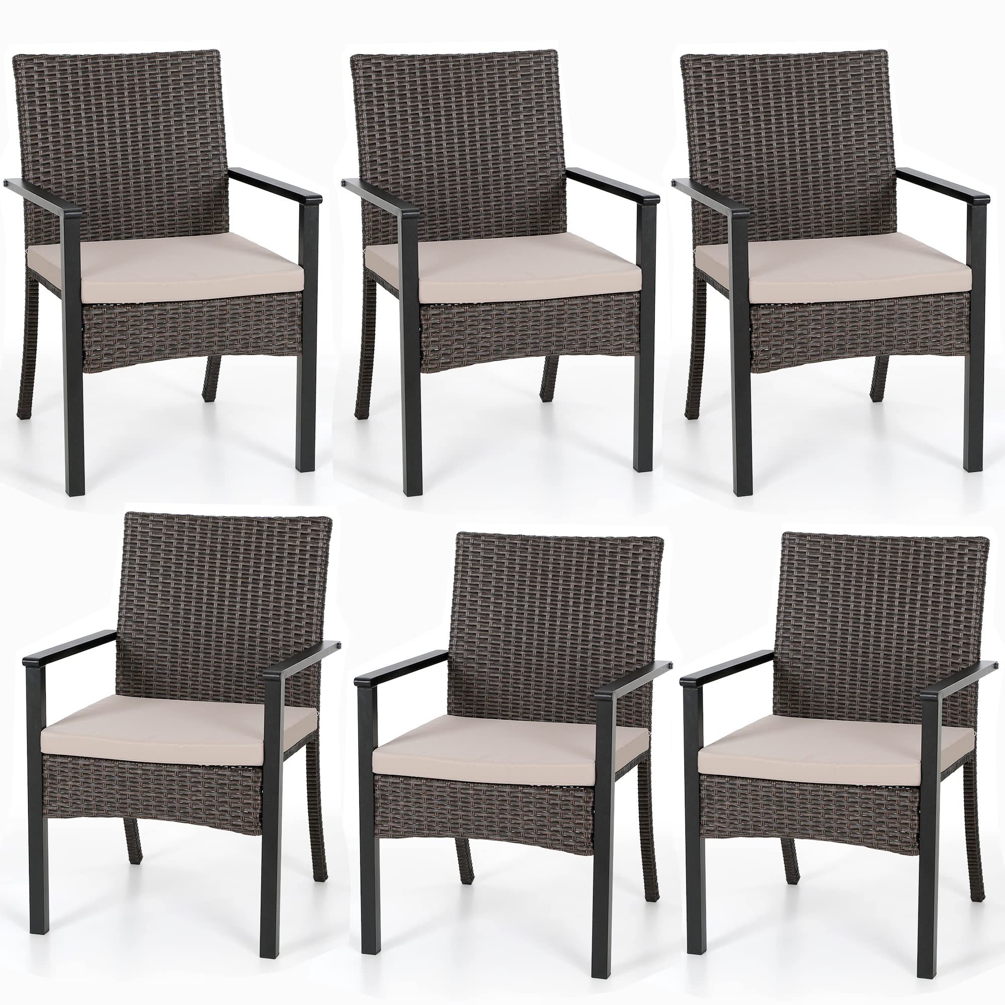 PHI VILLA 6-Piece Outdoor Wicker Chair Set - Durable Rattan Covered Metal Armchairs with Removable Cushions - Heavy Duty Patio Furniture for Deck, Porch, Yard & Garden - Perfect for Backyard BBQs, Poolside Relaxation & Outdoor Dining