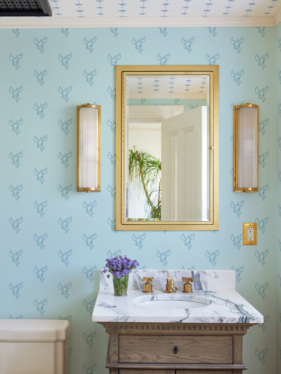 Lobsters Wallpaper by Lingua Franca - Blue on Sky Design | Premium Peel & Stick Wallpaper for Kitchen, Bathroom, Nursery & Home Decor
