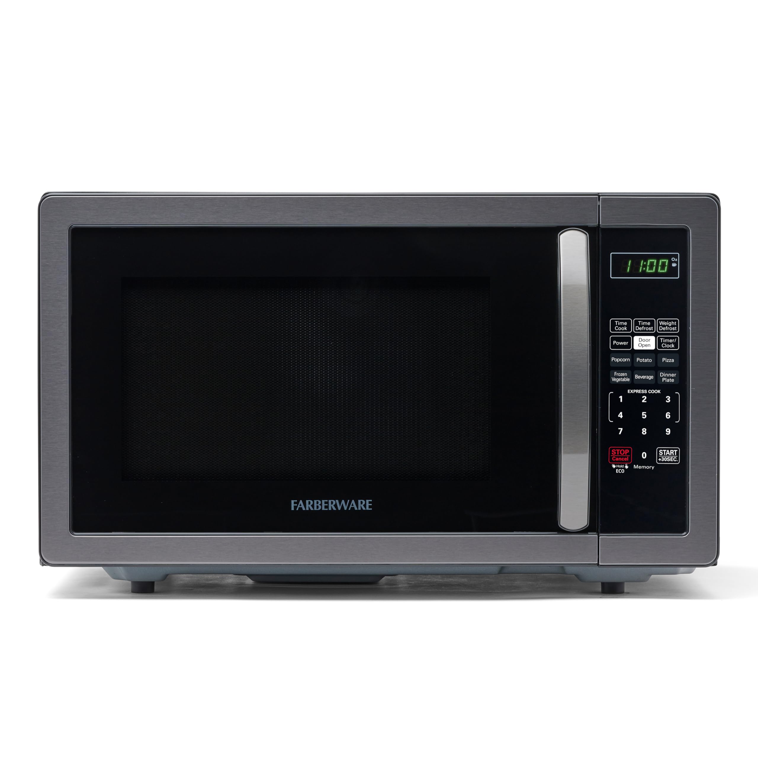 Farberware 1.1 Cu Ft 1000W Countertop Microwave Oven with LED Lighting & Child Safety Lock - Black Stainless Steel - Easy to Clean - Compact Microwave for Small Kitchens, Apartments, Dorms & Office Break Rooms