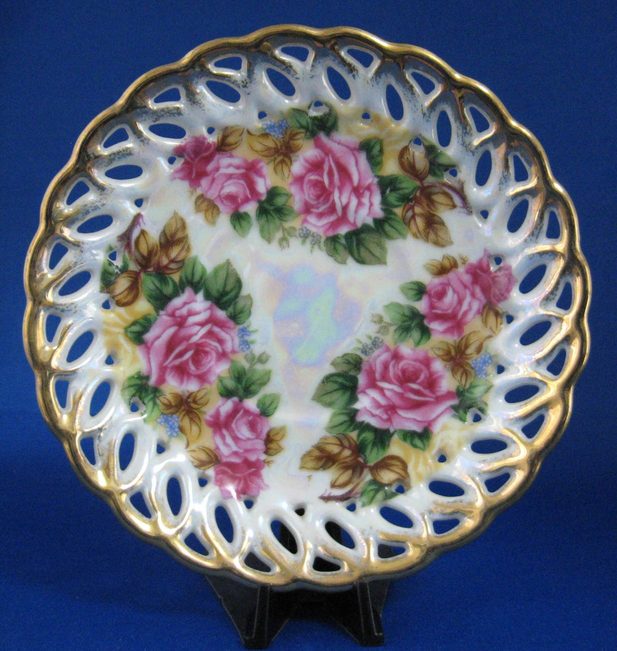 Vintage 1960s Japanese Sealy Reticulated Gold Trim Rose Luster Saucer - Elegant Tableware for Tea, Coffee, and Dessert Serving