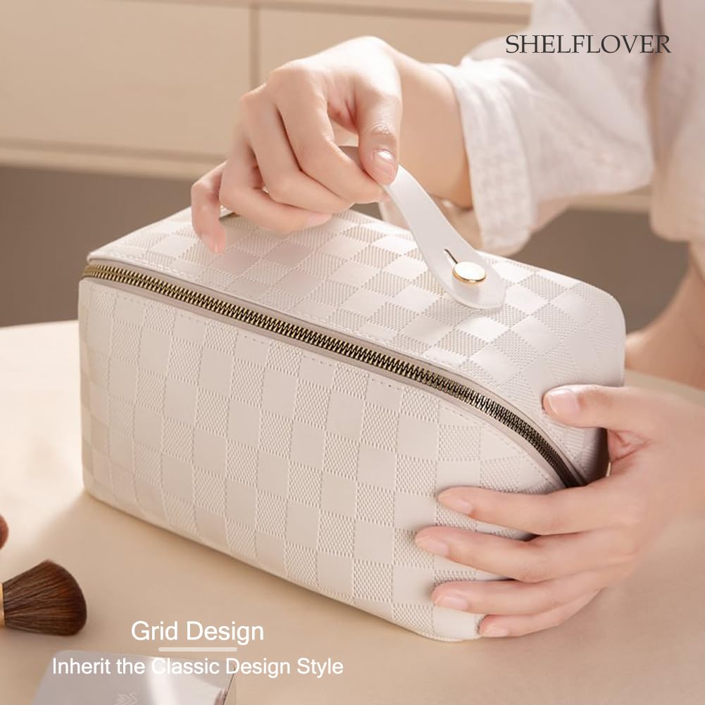 Waterproof Travel Toiletry Bag for Women - Foldable Makeup Organizer Pouch with White Grid Design, Portable Cosmetic Case for Gym, Vacation & Daily Use