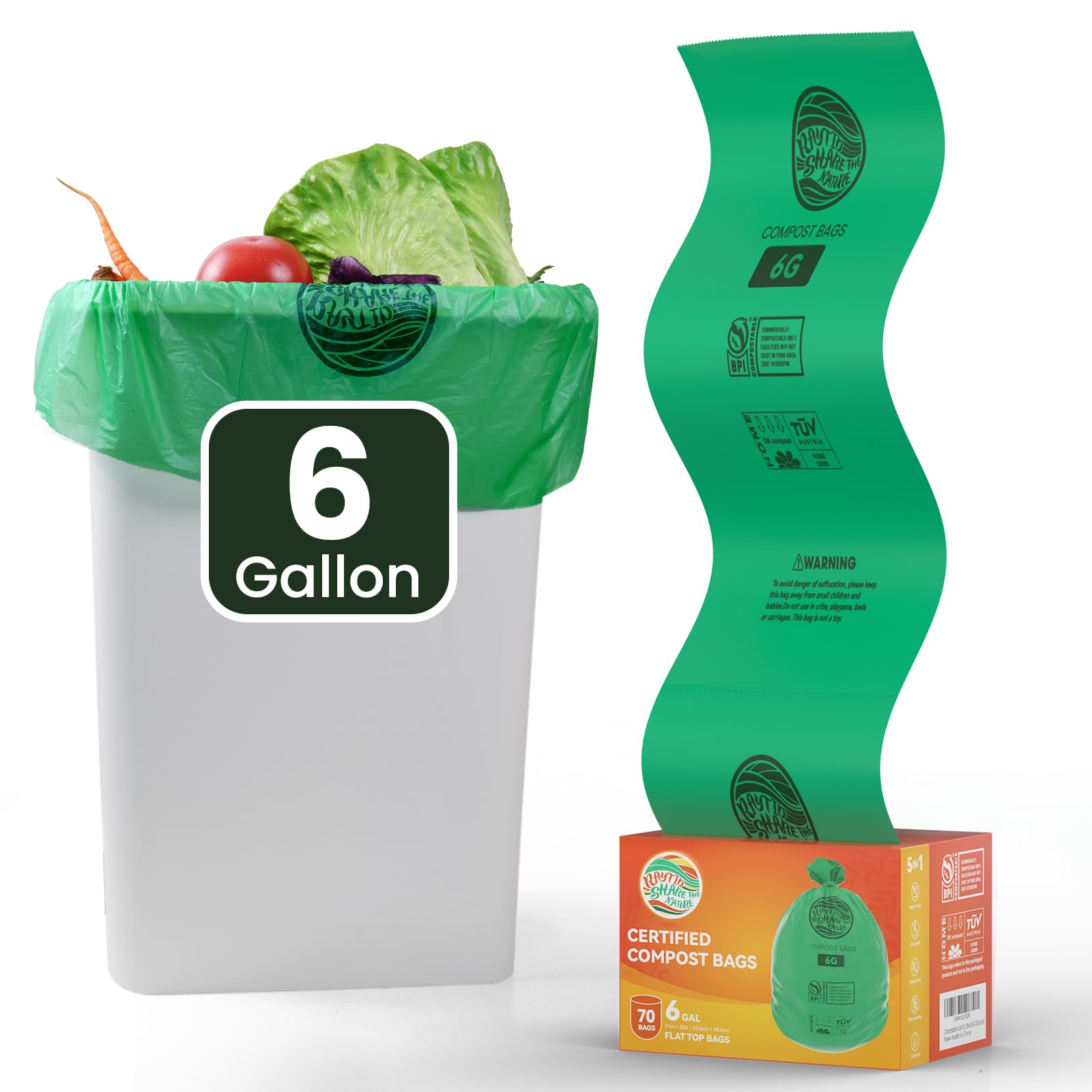 Eco-Friendly Compostable Trash Bags - 6 Gallon (30 Liter) Heavy Duty 0.85 Mils for Food Scraps & Yard Waste | Fits 5-6-8 Gallon Kitchen Trash Cans | 100 Count Pack | ASTM D6400 Certified, BPI & OK Compost HOME Certified | Perfect for Sustainable Kitchen Waste Disposal & Organic Gardening