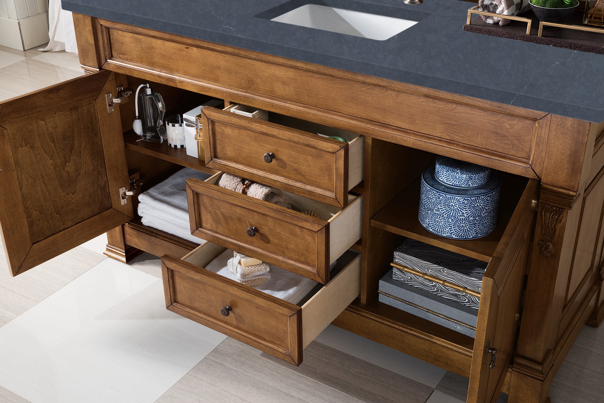 Brookfield 60 Inch Single Bathroom Vanity with Country Oak Finish & 3CM Charcoal Soapstone Quartz Top - Perfect for Modern Farmhouse, Rustic or Traditional Bathroom Decor