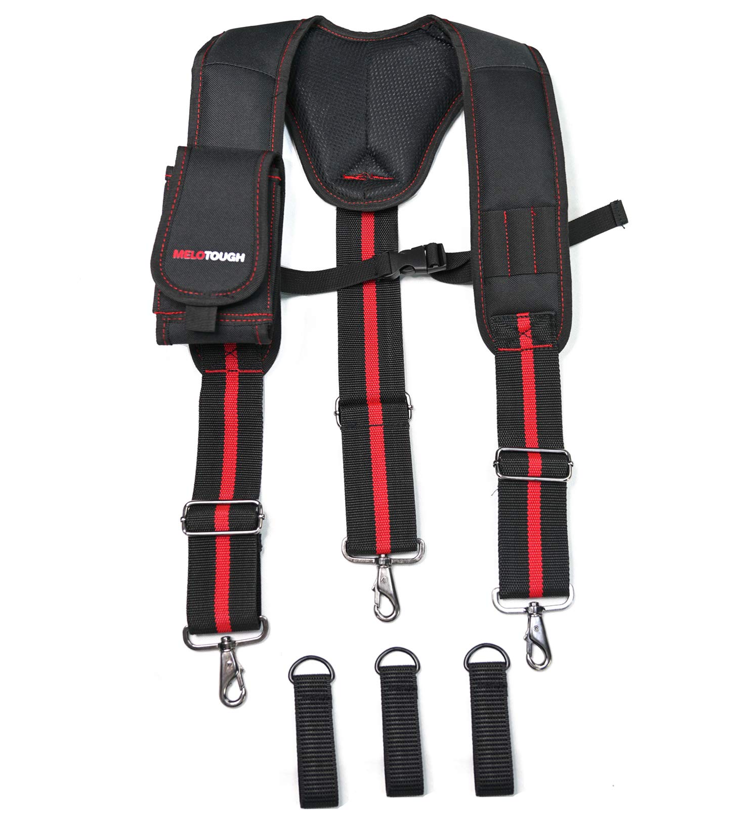 MELOTOUGH Heavy Duty Work Suspenders with 3 Trigger Hooks - Adjustable Tool Belt Suspenders, Detachable Phone Holder & Padded Shoulder Straps (Red) - Ideal for Construction, Carpentry, Plumbing & DIY Projects