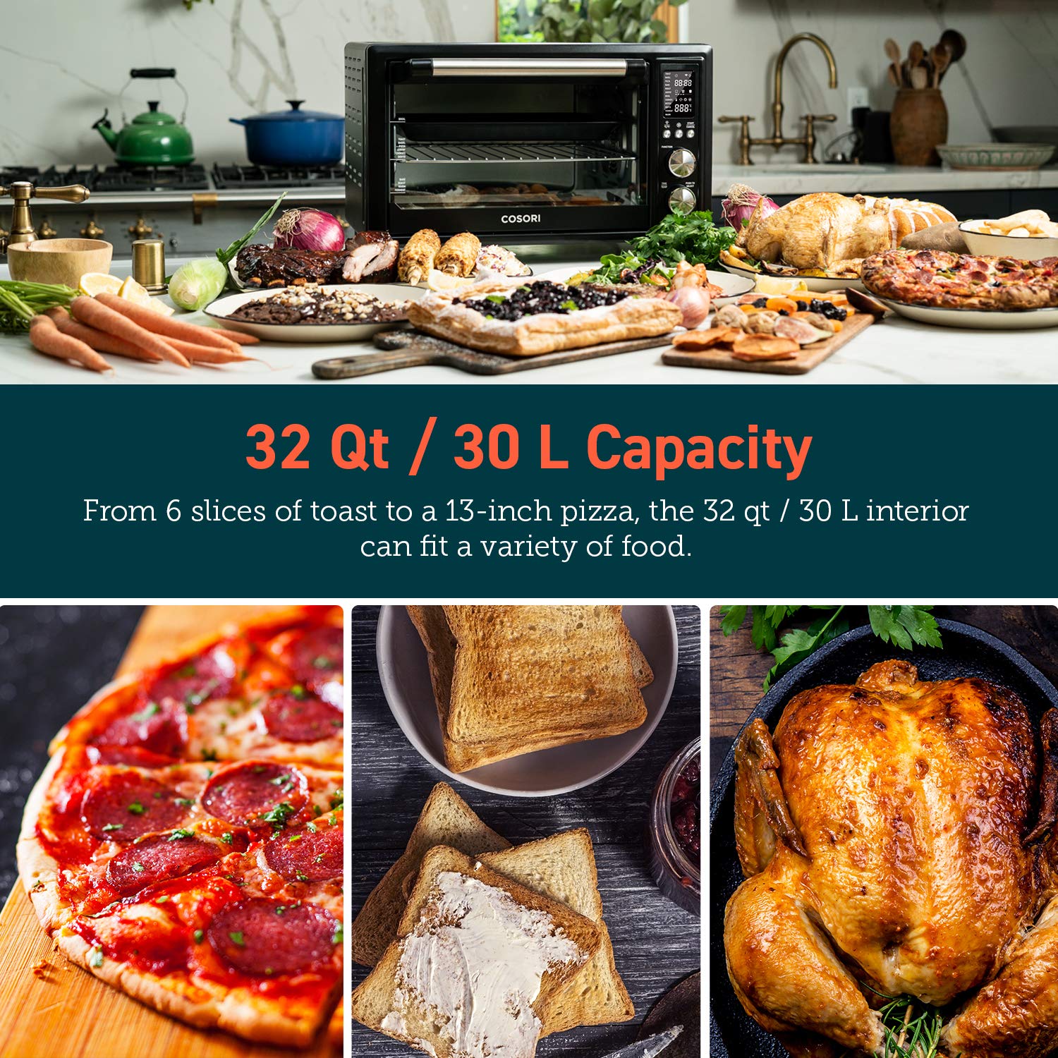 COSORI 13-in-1 Air Fryer Toaster Oven Combo with 32Qt Capacity, APP & Alexa Voice Control, Convection Countertop Oven for Baking, Broiling, Roasting, Dehydrating & Sous Vide - Includes 134 Recipes & 4 Accessories (Black Stainless Steel) - Perfect for Small Kitchens, Healthy Cooking & Meal Prep