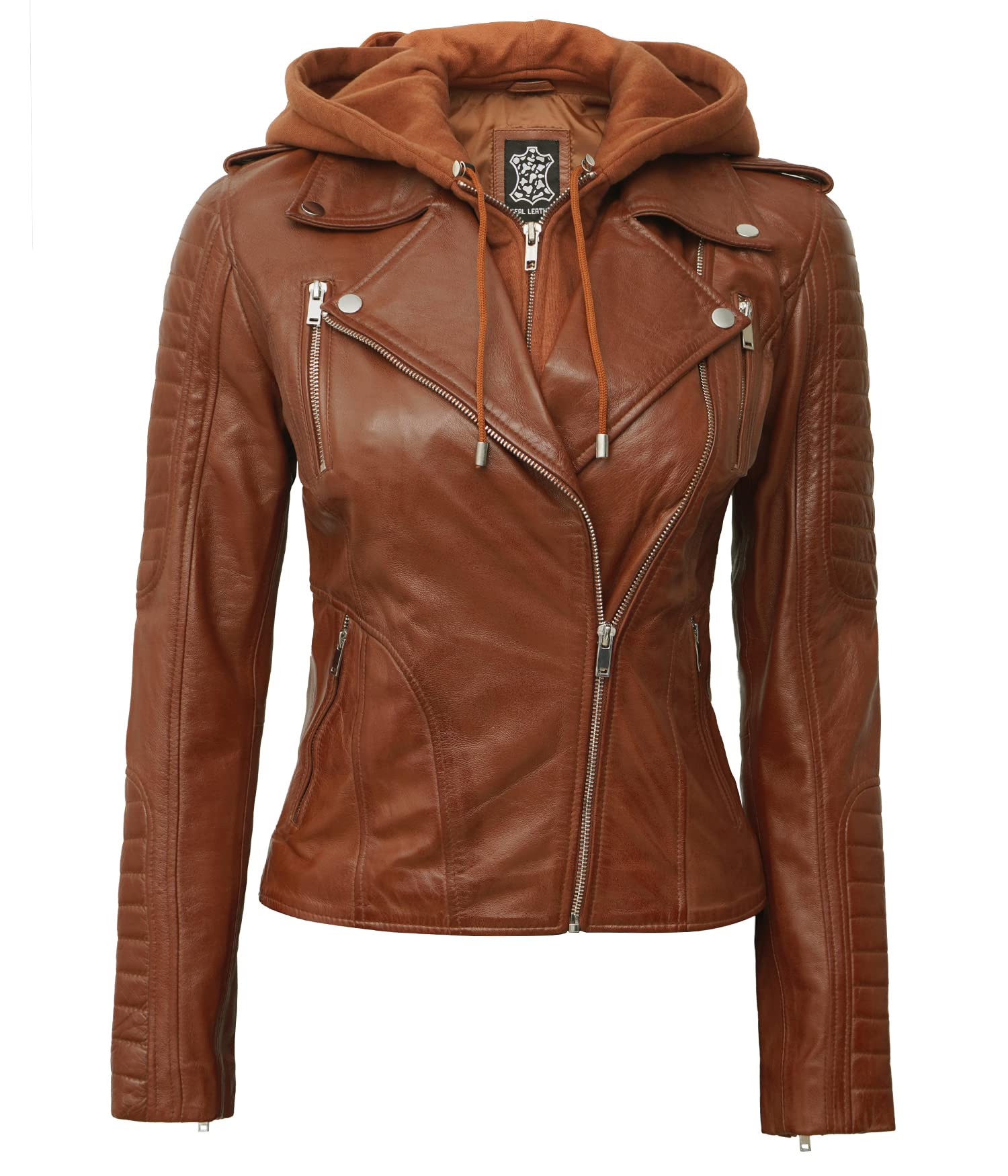 Decrum Women's Real Lambskin Leather Jacket with Removable Hood - Brown & Black Casual Biker Jacket for Women | Perfect for Motorcycle Riding, Fall Fashion & Everyday Wear