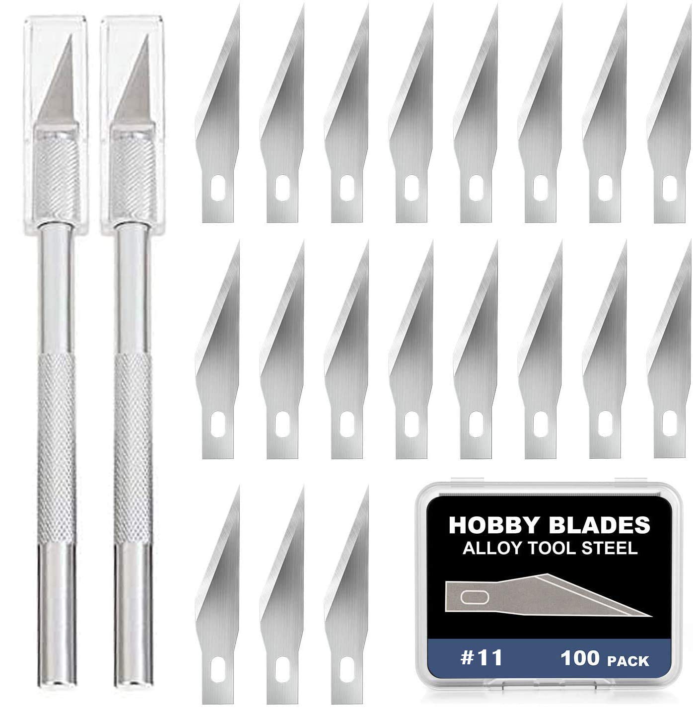 100PCS Precision Hobby Knife Blades with 2PCS Alloy Steel Craft Knife Handles - Heavy Duty Carbon Steel Cutting Tools for DIY Crafting, Scrapbooking, Model Building & Paper Cutting