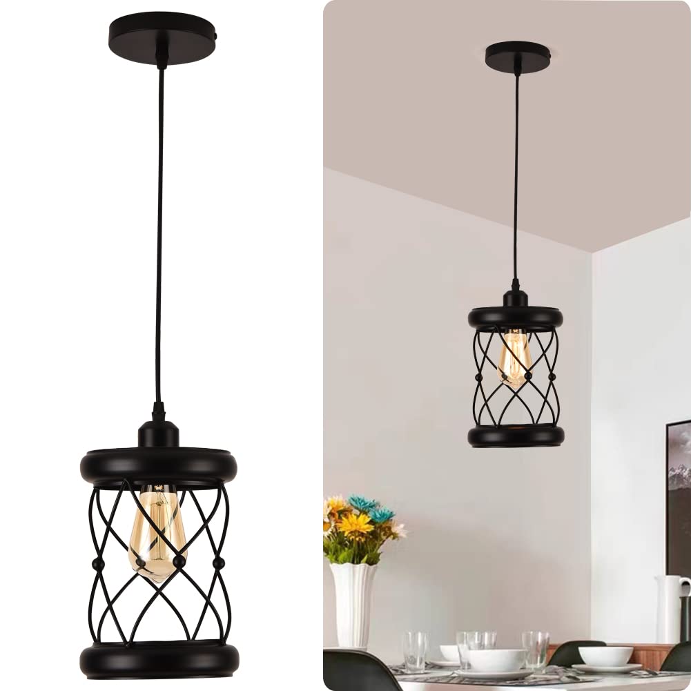 Black Iron Cage Pendant Light - Adjustable Industrial Retro Hanging Light Fixture for Kitchen, Living Room, Bedroom & Cafe Decor | Perfect for Farmhouse, Loft & Vintage Style Spaces