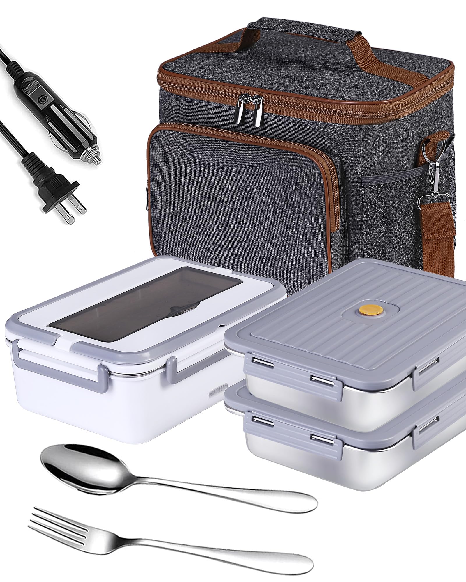 80W Electric Lunch Box for Adults - 1.8L Portable Food Warmer with Insulated Cooler Bag | 12V/24V/110V Heating Lunch Box for Work, Car, Truck & Home | Perfect for Office Meals, Road Trips & Commuting