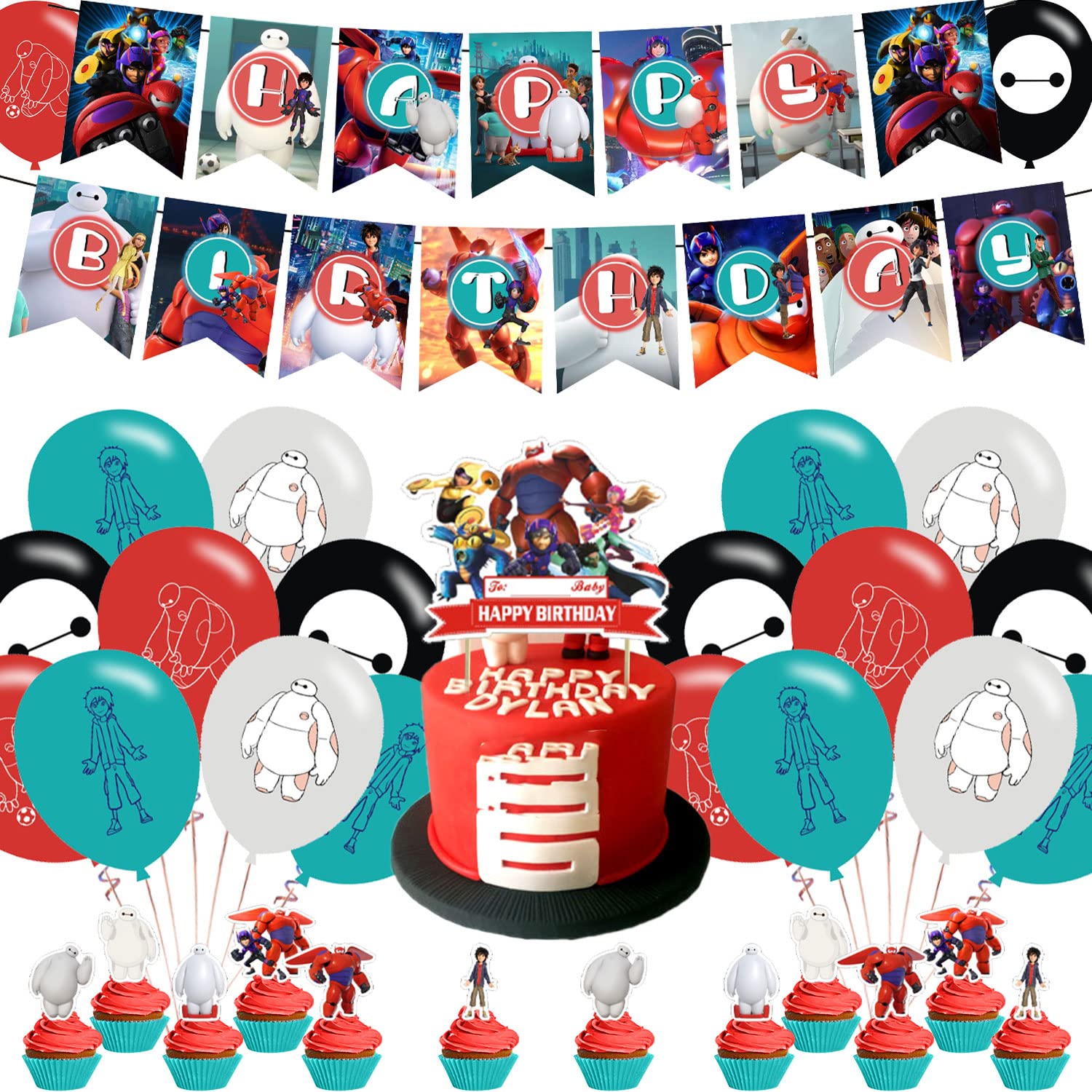 Baymax Hero Birthday Party Decorations Set - Banner, Cake Topper, 12 Cupcake Toppers & 20 Balloons for Kids Disney Big Hero 6 Themed Celebration - Perfect for Birthday Parties, Baby Showers & Disney Movie Nights
