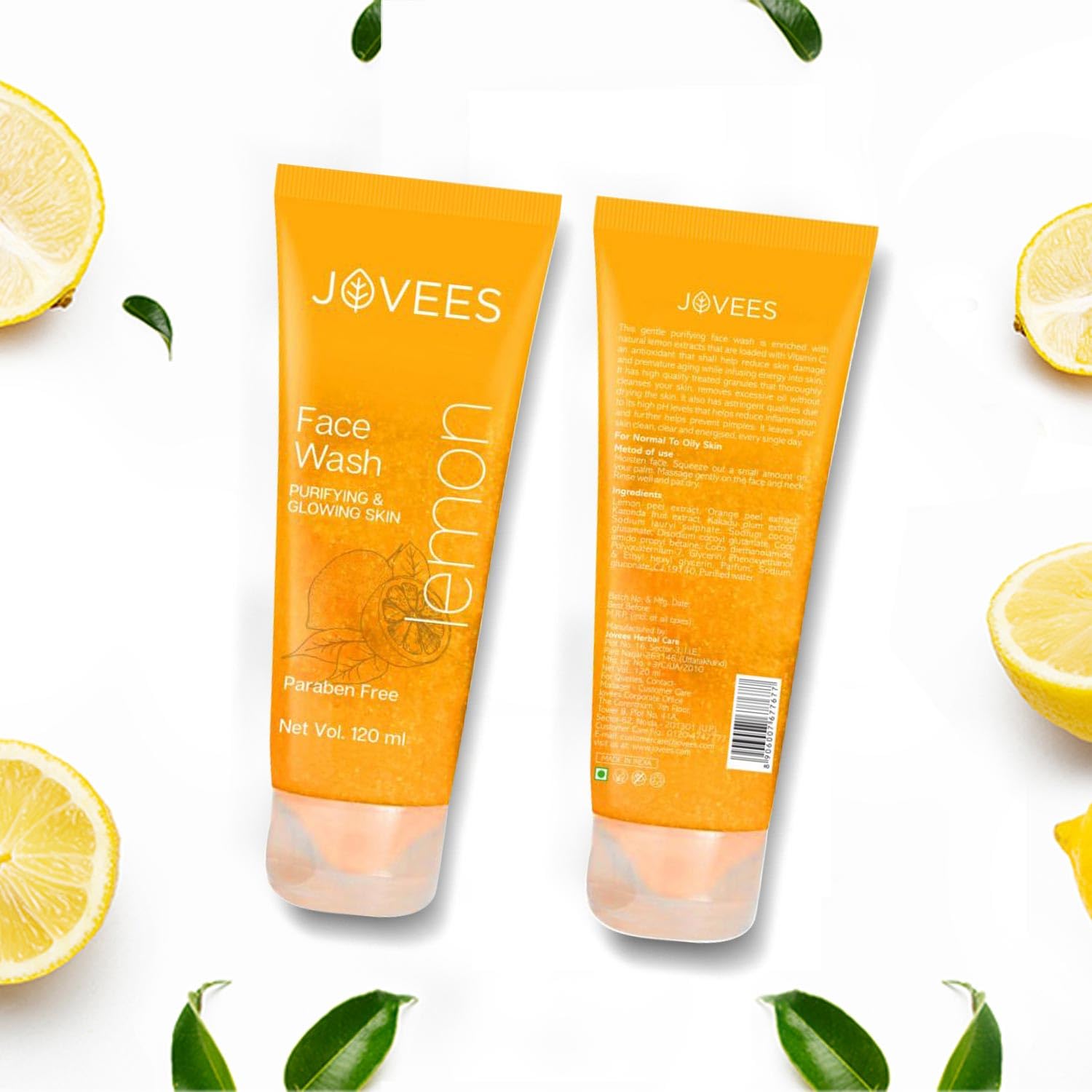 Jovees Herbal Lemon Face Wash with Lemon, Orange Peel & Kakadu Plum Extract - Deep Cleansing for Oily & Acne-Prone Skin, Reduces Dark Spots & Brightens Complexion (120ml) | Perfect for Daily Skincare Routine & Travel-Friendly Size