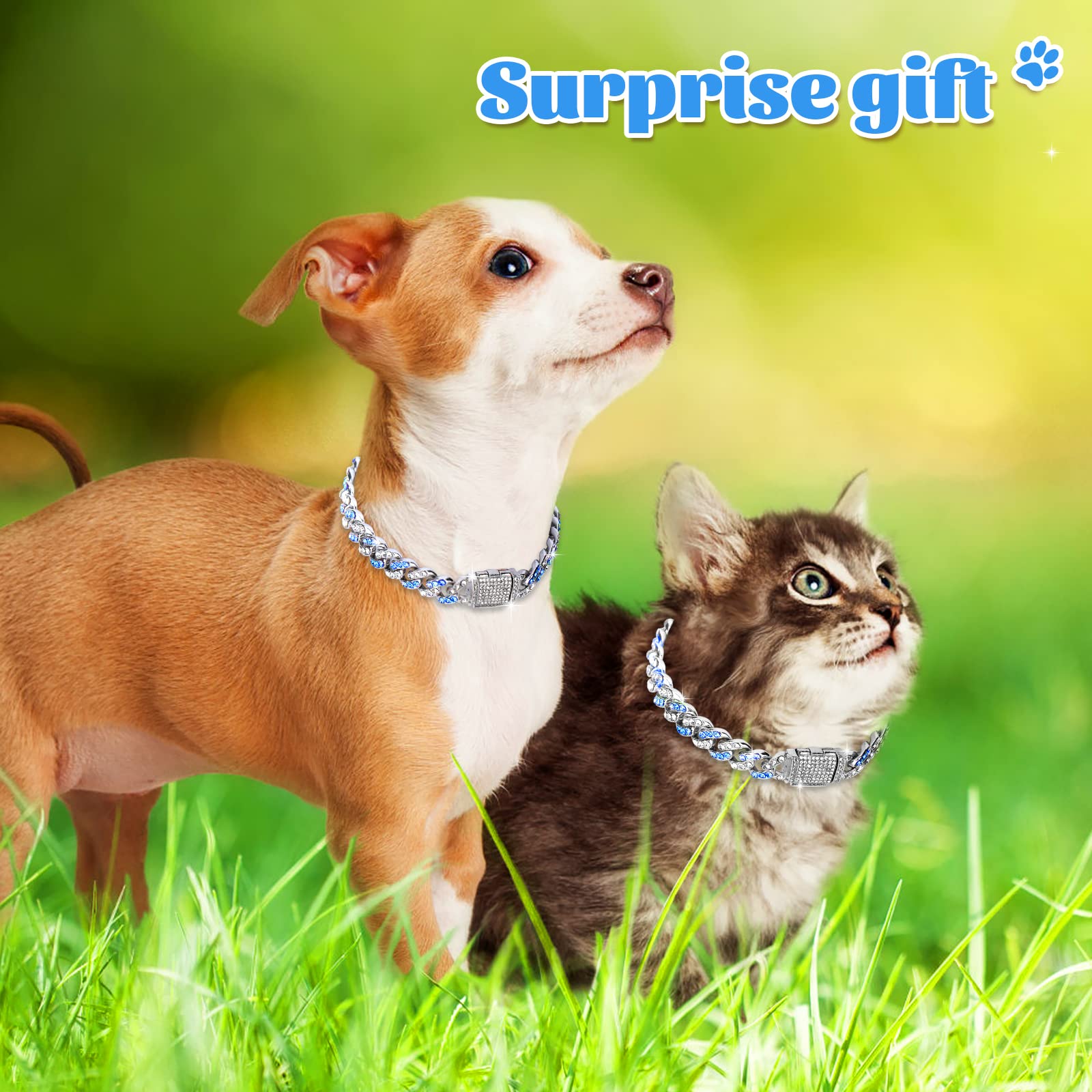 10 Inch Blue Silver Diamond Glitter Dog Chain Collar - Cuban Style Metal Link Pet Necklace with Buckle for Small Medium Dogs & Cats | Christmas Pet Jewelry Accessories for Party, Gifting & Daily Walk Fashion