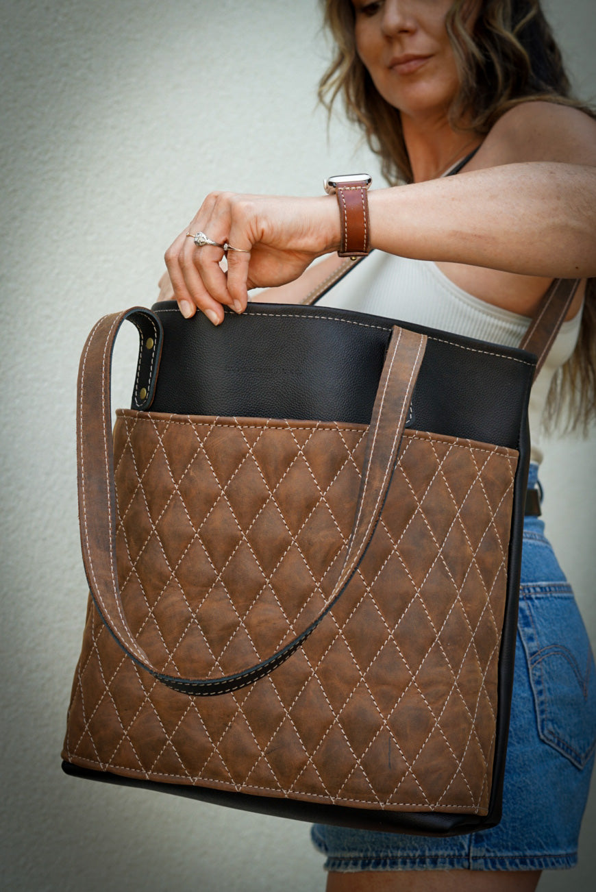 Premium Diamond Stitch Tote Bag - Pebbled Black & Crazyhorse Brown Leather - Stylish & Durable Handbag for Work, Travel & Shopping