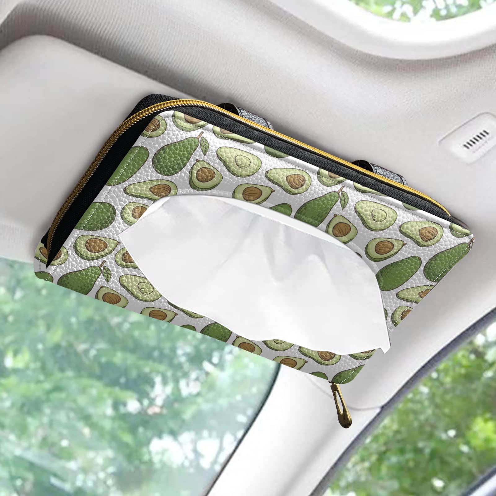 Coldinair Avocado Print PU Leather Car Tissue Holder - Sun Visor & Backseat Napkin Organizer with Zipper | Perfect for Road Trips, Commuting & Family Travel