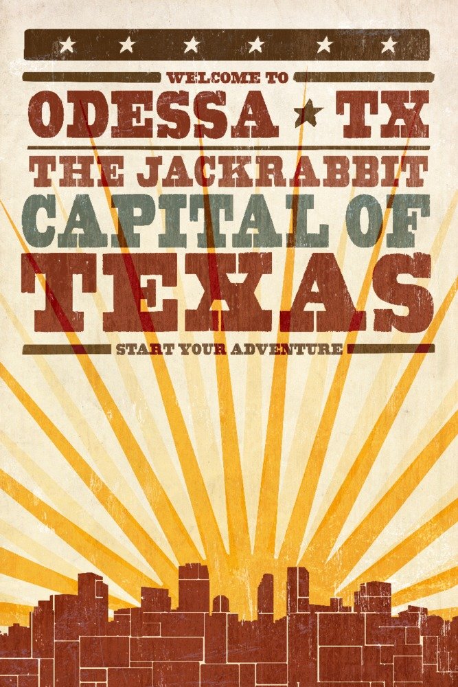 Odessa Texas Skyline Sunburst Screenprint Art - 24x36 Signed Wall Decor Poster for Living Room, Office & Home Decoration