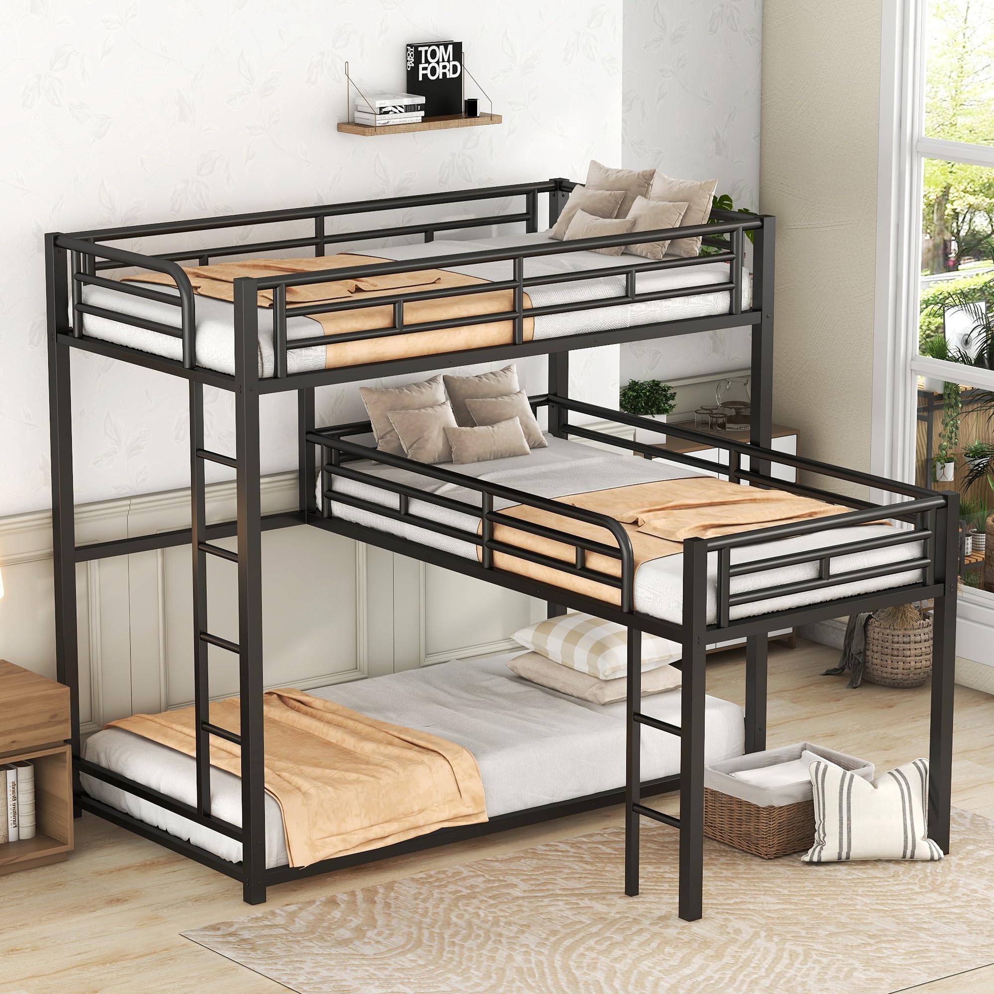 Twin Over Twin L-Shaped Metal Triple Bunk Bed with Ladder & Full-Length Guardrails - 3-in-1 Kids & Teens Bunk Bed in Black | Perfect for Small Bedrooms, Sleepovers & Space-Saving Solutions