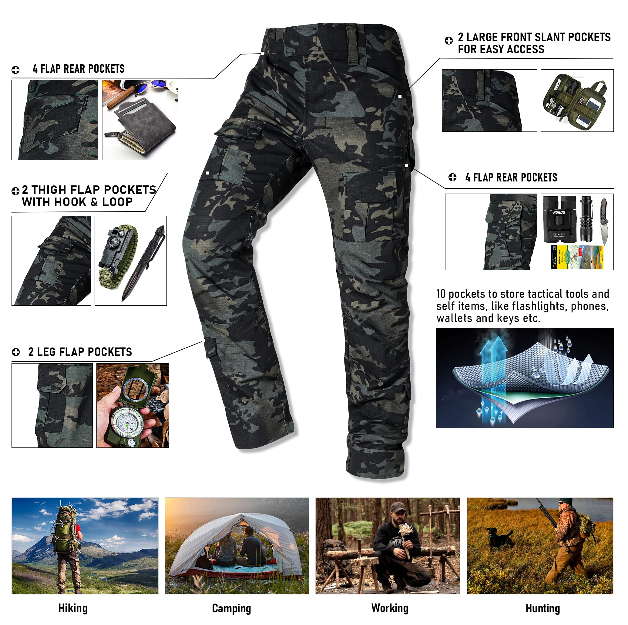 Men's Tactical Cargo Pants - Camo Ripstop Hiking & Work Pants with 10 Pockets (No Belt Needed) - Perfect for Outdoor Adventures, Military Duty & Everyday Wear