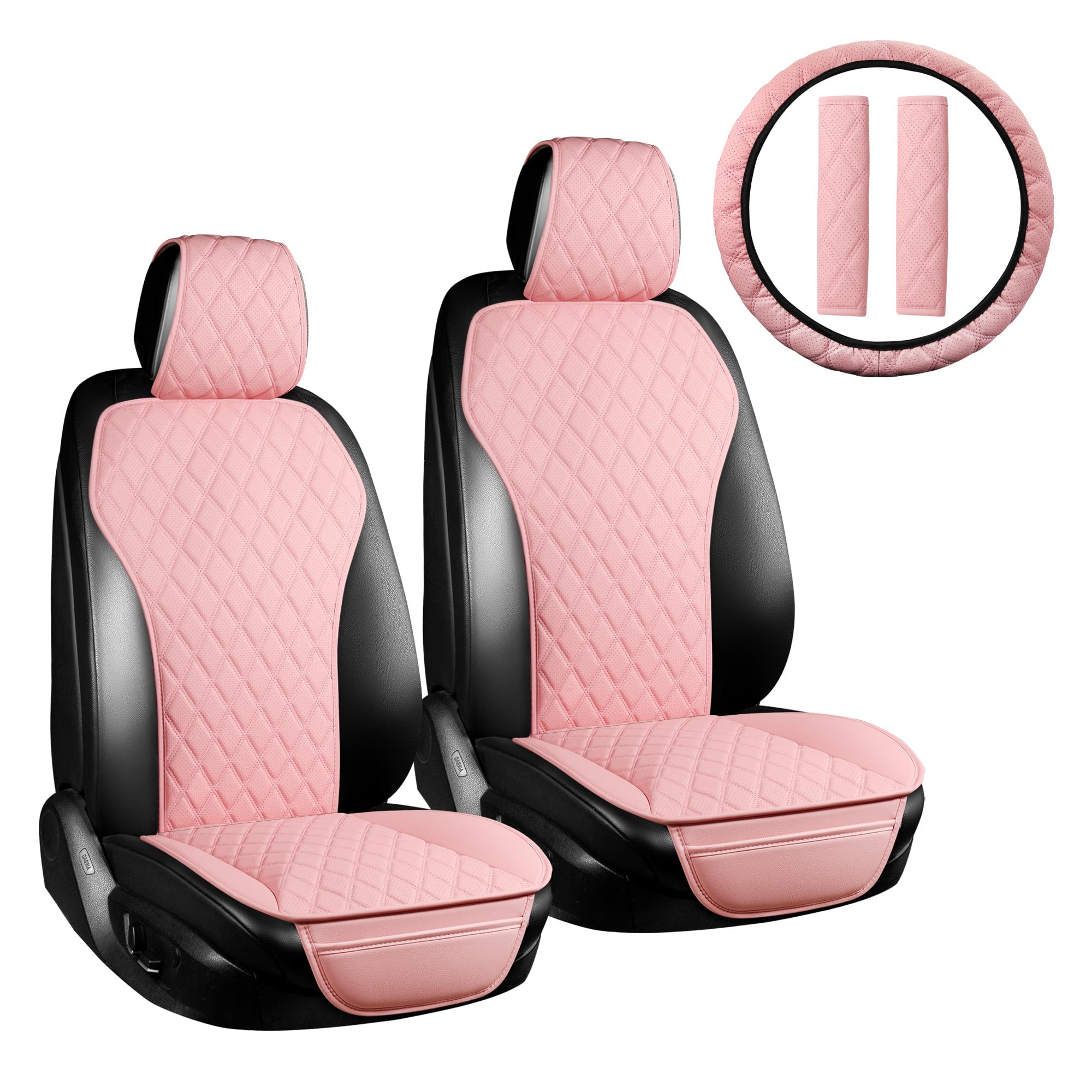 2PCs Premium Leather Front Car Seat Covers Set with Steering Wheel Cover & Seat Belt Pads - Universal Fit for 95% Vehicles - Waterproof Auto Accessories for Cars, SUVs, Trucks (Pink) - Perfect for Road Trips, Daily Commutes & Vehicle Protection
