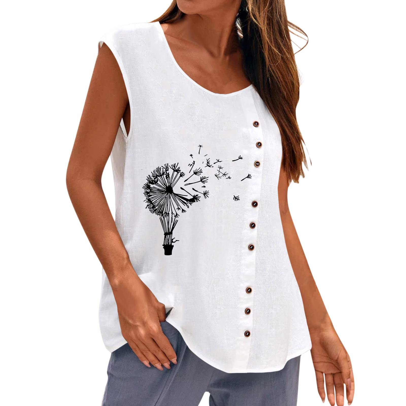 Women's Summer Casual Dandelion Print Sleeveless Button Vest Blouse - Loose Fit Round Neck Crop Top Tank for Beach, Vacation & Everyday Wear
