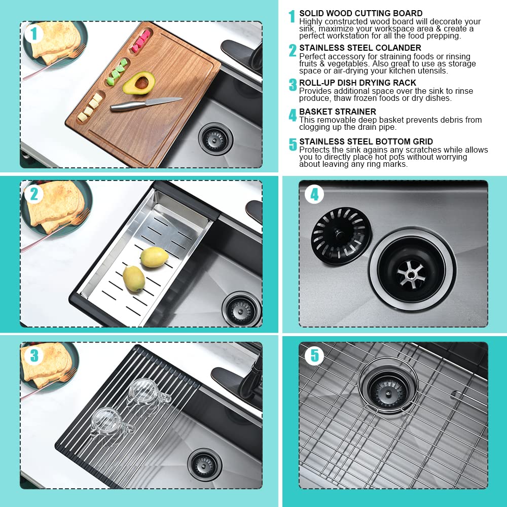 32x19 Inch Undermount Stainless Steel Kitchen Sink Workstation - 16 Gauge Deep Single Bowl Black Sink with Cutting Board | Perfect for Modern Kitchens & Food Prep Stations