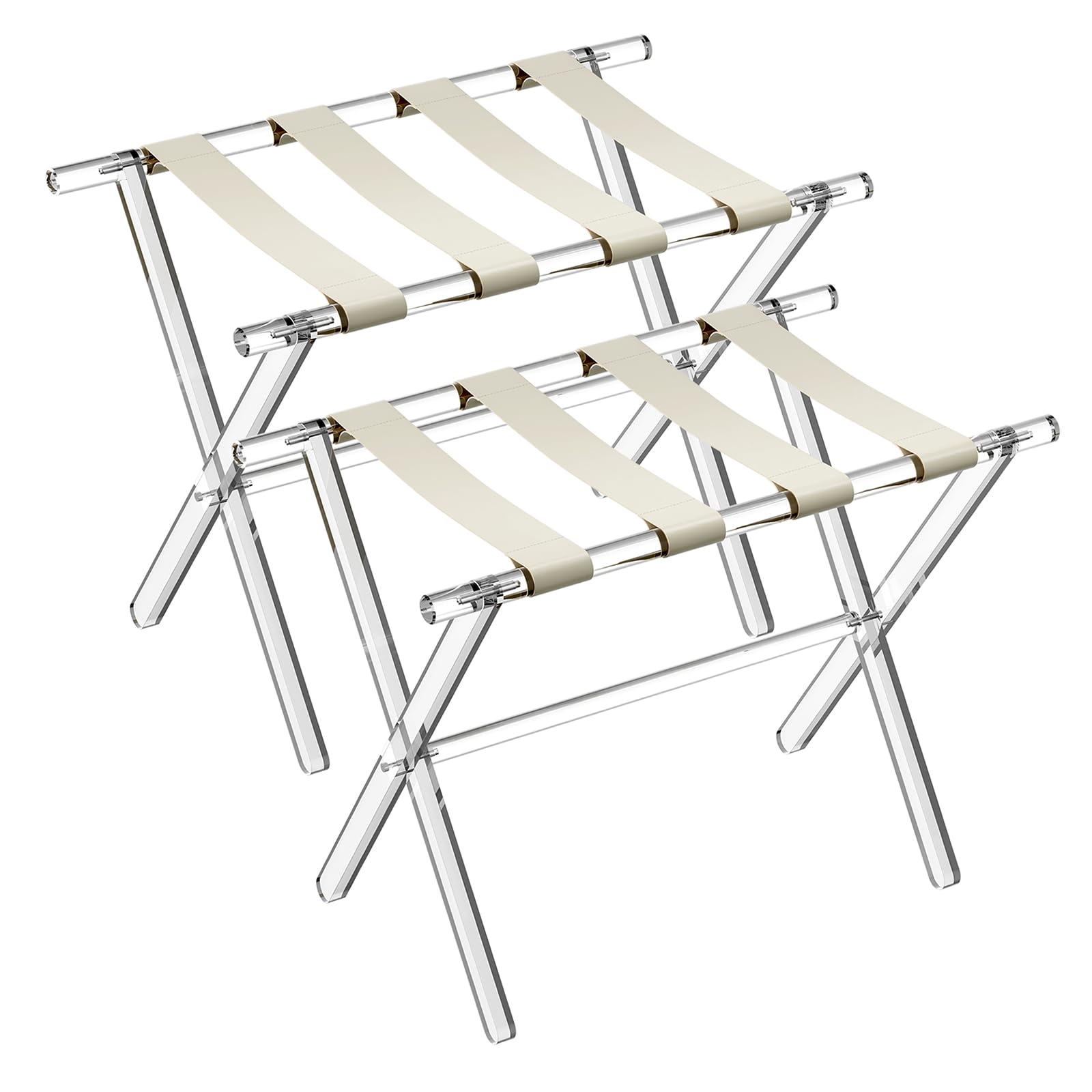 Foldable Acrylic Luggage Rack with Leather Straps - Heavy Duty Suitcase Stand Holds 50-100 lbs for Bedroom, Living Room & Hotel - Space Saving Beige Set of 2 - Perfect for Guest Rooms, Small Apartments & Travel Storage