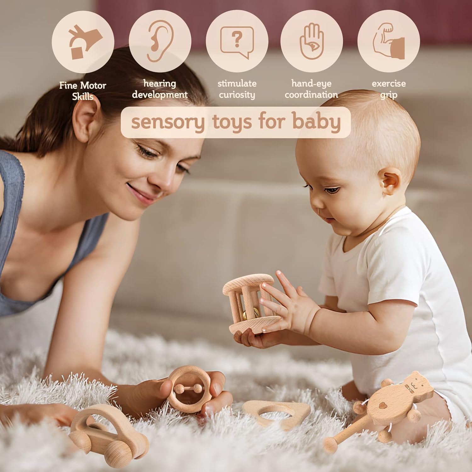 Montessori Wooden Baby Toys Set for 0-6 Months - Wooden Rattles, Grasping Toys, Push Car, Handbells, Interlocking Discs - Perfect Newborn Infant Gifts for Sensory Play & Early Learning
