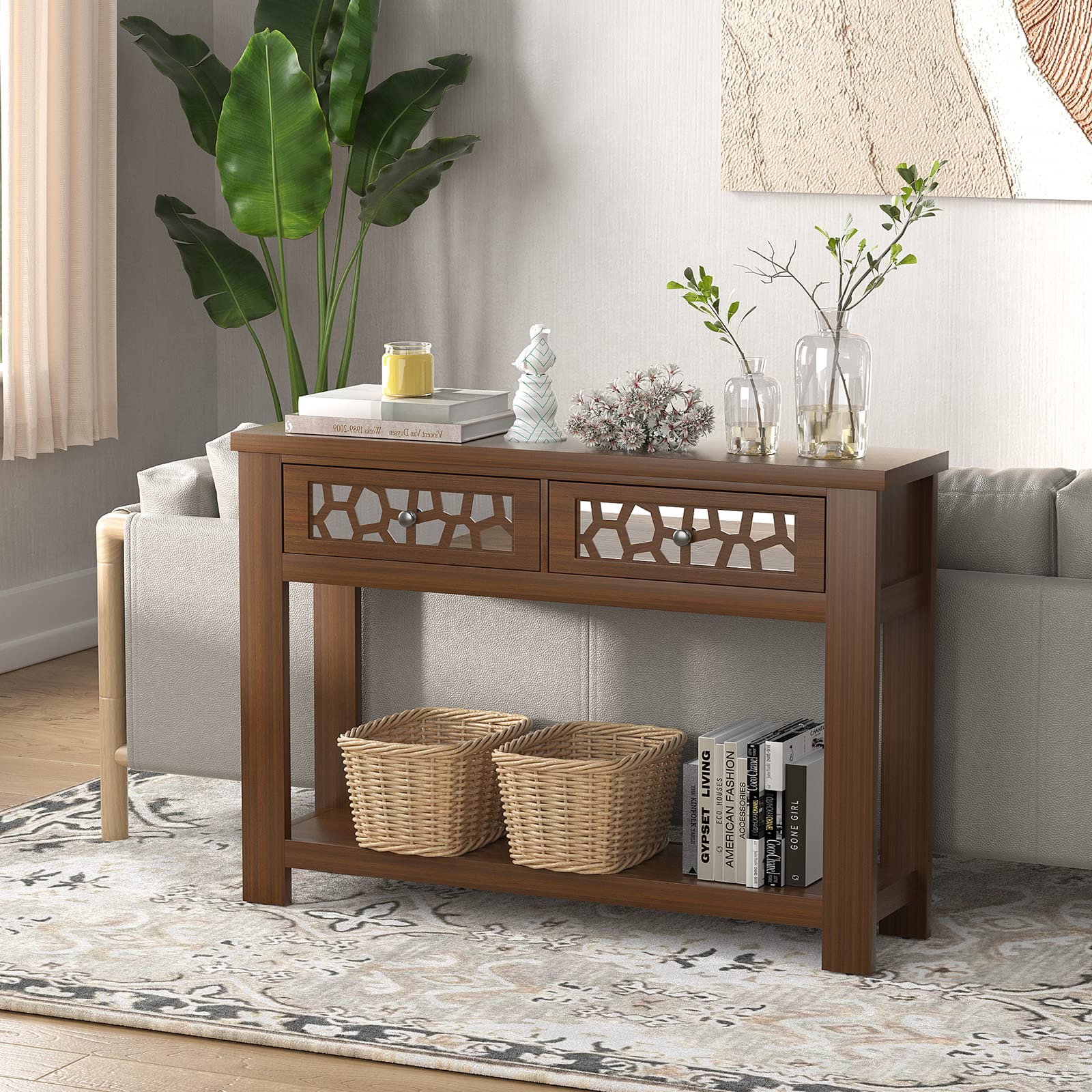 Giantex 2-Tier Wooden Console Table with 2 Drawers & Open Shelf - Rustic Brown Entryway Table for Living Room, Hallway & Foyer - Easy Assembly Rectangular Accent Table for Home Decor & Storage