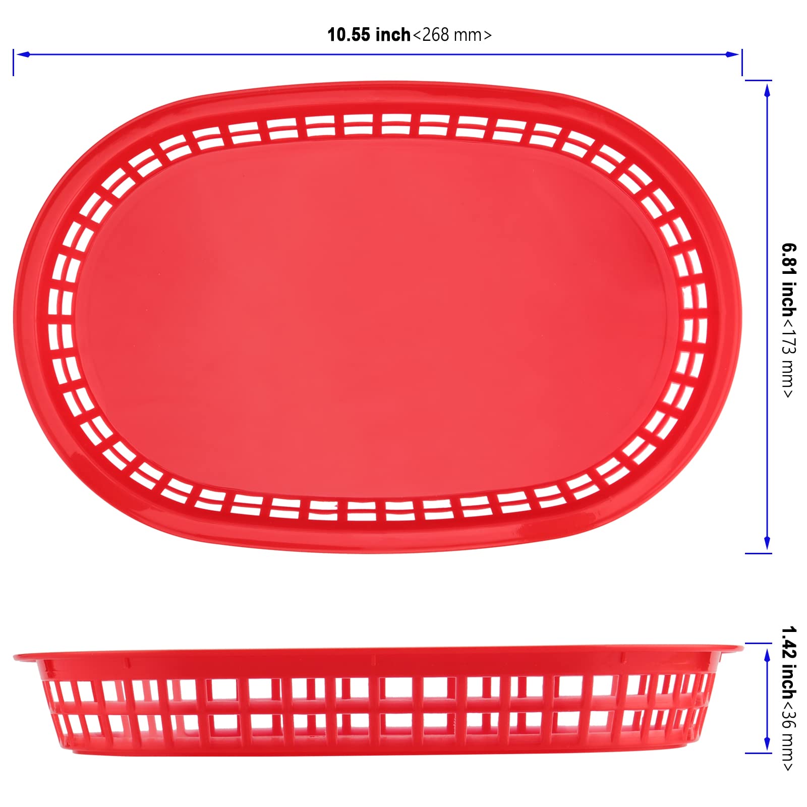 24-Pack 11x7 Inch Red Plastic Fast Food Serving Baskets - Oval Restaurant Deli Trays for Burgers, Hot Dogs, Sandwiches, Fries & BBQ | Perfect for Diners, Food Trucks, Catering & Party Snack Serving