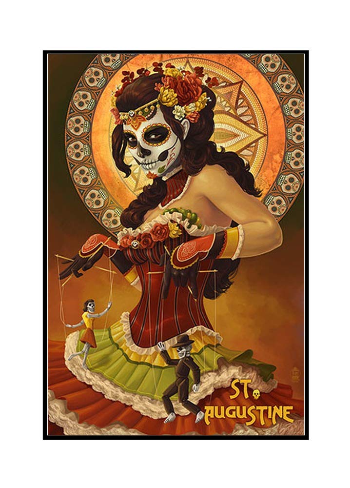 St. Augustine Day of the Dead Art - 24x36 Framed Gallery Wrapped Canvas Print of Woman Holding Marionettes - Perfect for Home Decor, Halloween & Mexican Culture Celebrations