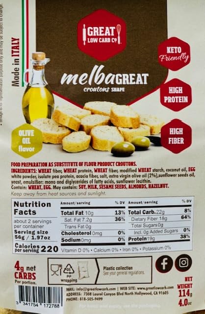 Great Low Carb Company Keto Melba Toast - Olive Oil Flavor, Crouton Shape (4oz) | Low Carb, High Protein Snack with 4g Net Carbs & 19g Protein | Perfect for Salads, Soups & Keto Diet