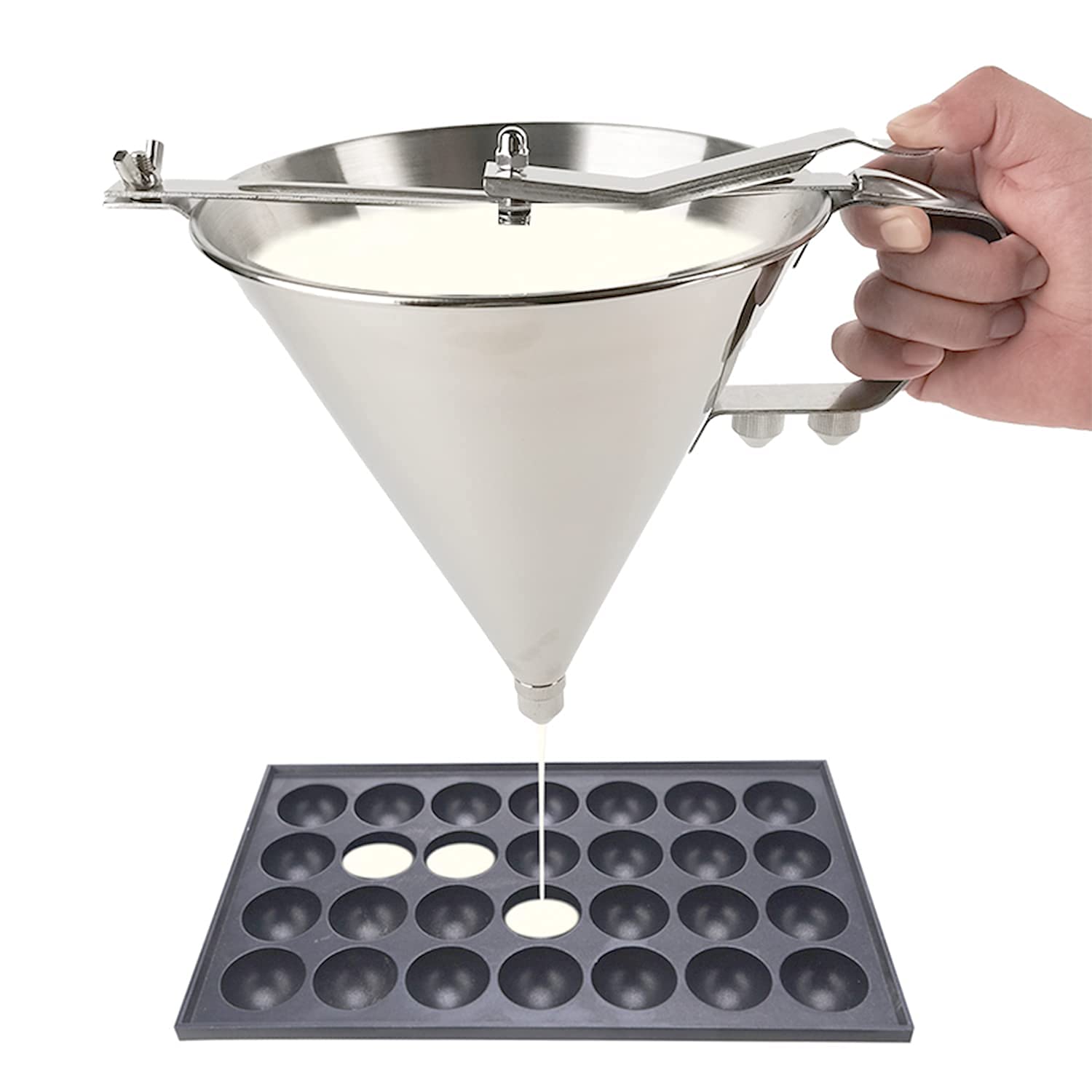 Stainless Steel Pancake Batter Dispenser with Stand - 3 Nozzles Funnel Cake Maker for Pancakes, Waffles, Cupcakes & Takoyaki - 61oz Commercial Grade Confectionery Piston Funnel - Perfect for Breakfast, Desserts & Street Food Stalls