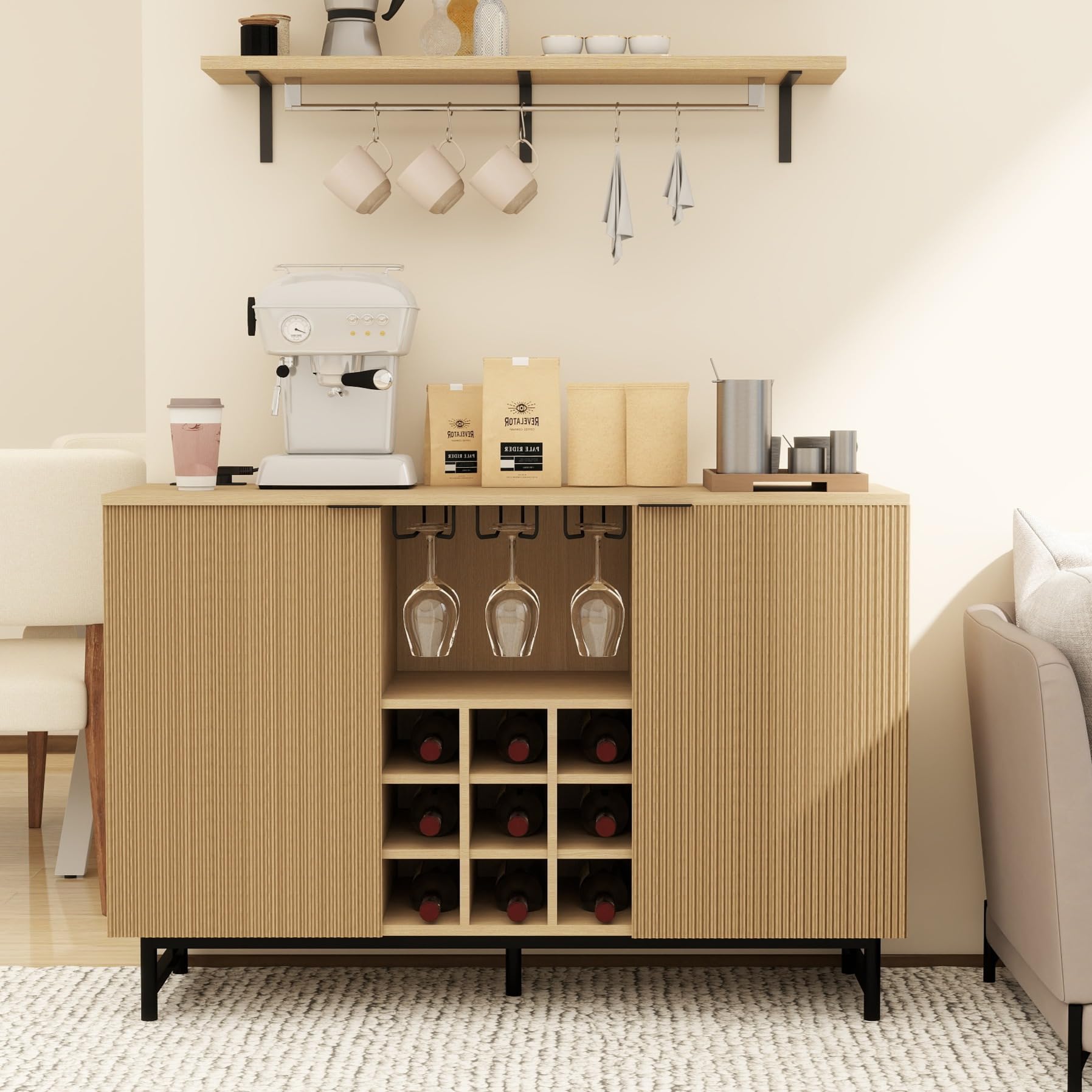 Modern Wine Bar Cabinet with Power Outlets & LED Lights - Fluted Liquor Storage Coffee Bar Cabinet for Home - Buffet Sideboard with Storage - Natural Oak Finish - Perfect for Entertaining, Dining Room Decor & Kitchen Organization