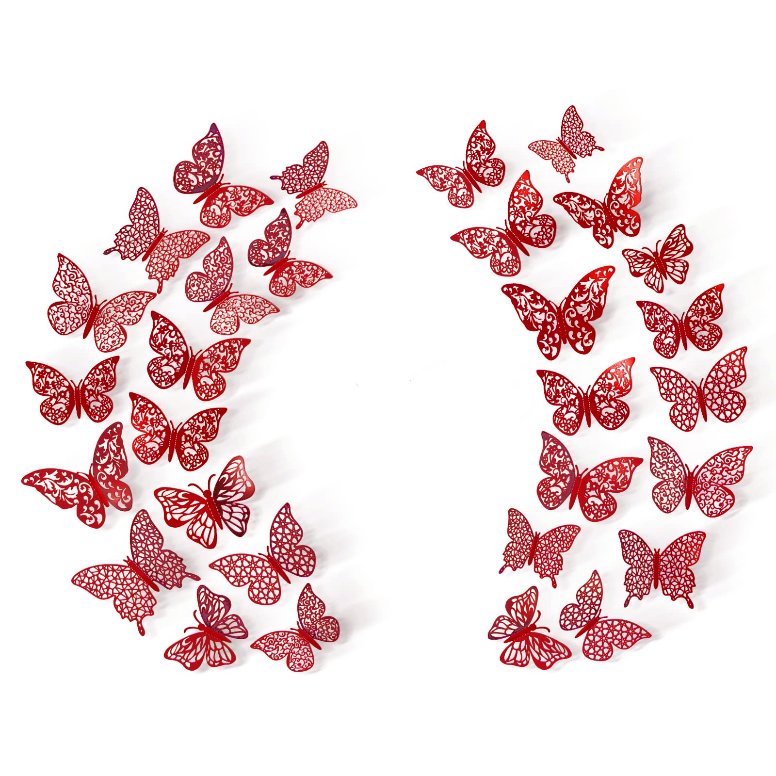 3D Butterfly Wall Decor - 72 Pcs 6 Styles in 3 Sizes - DIY Butterfly Party, Cake & Room Decorations - Perfect for Birthday, Nursery, Wedding & Kids Bedroom - Red